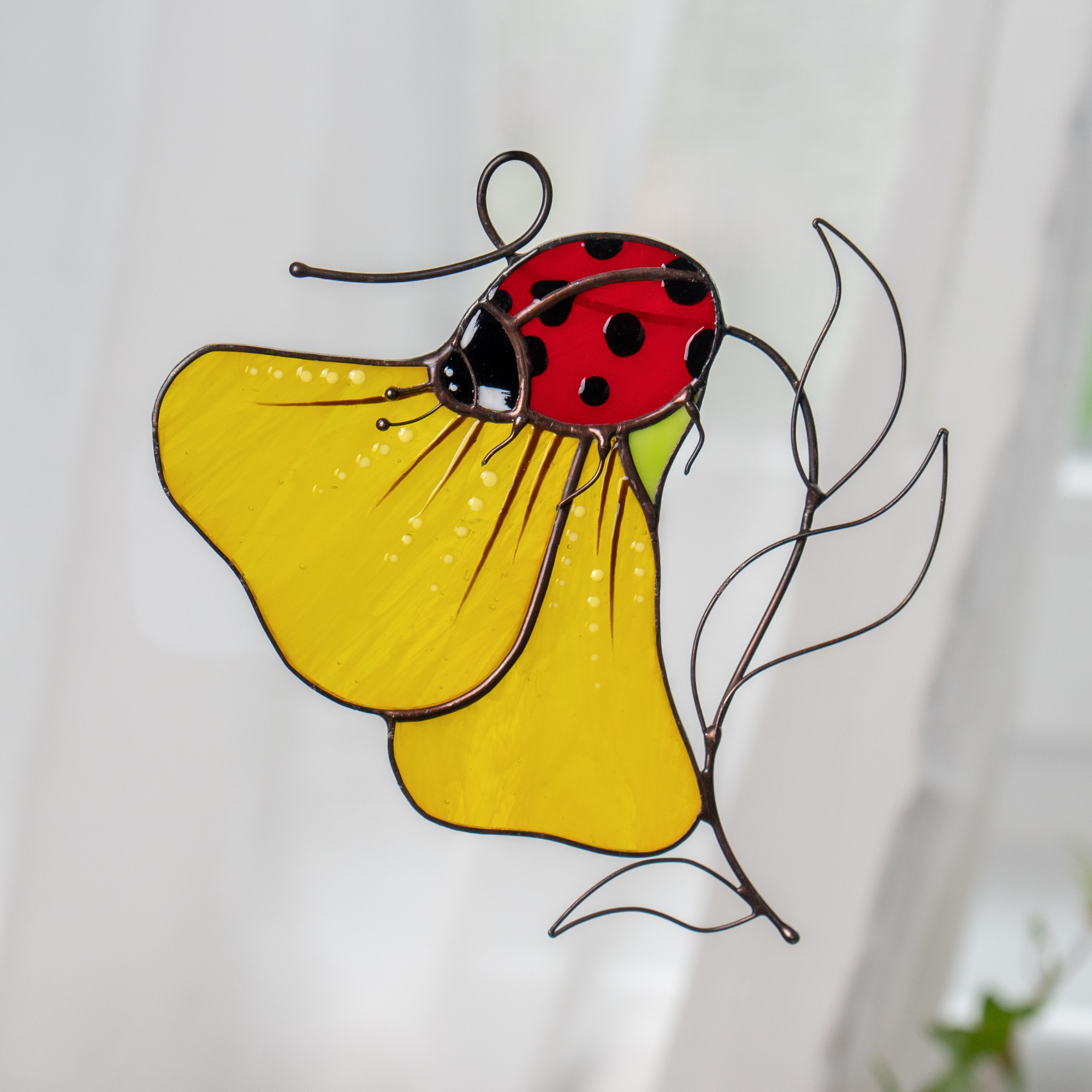 Ladybug with Yellow Flower - Stained Glass Suncatcher