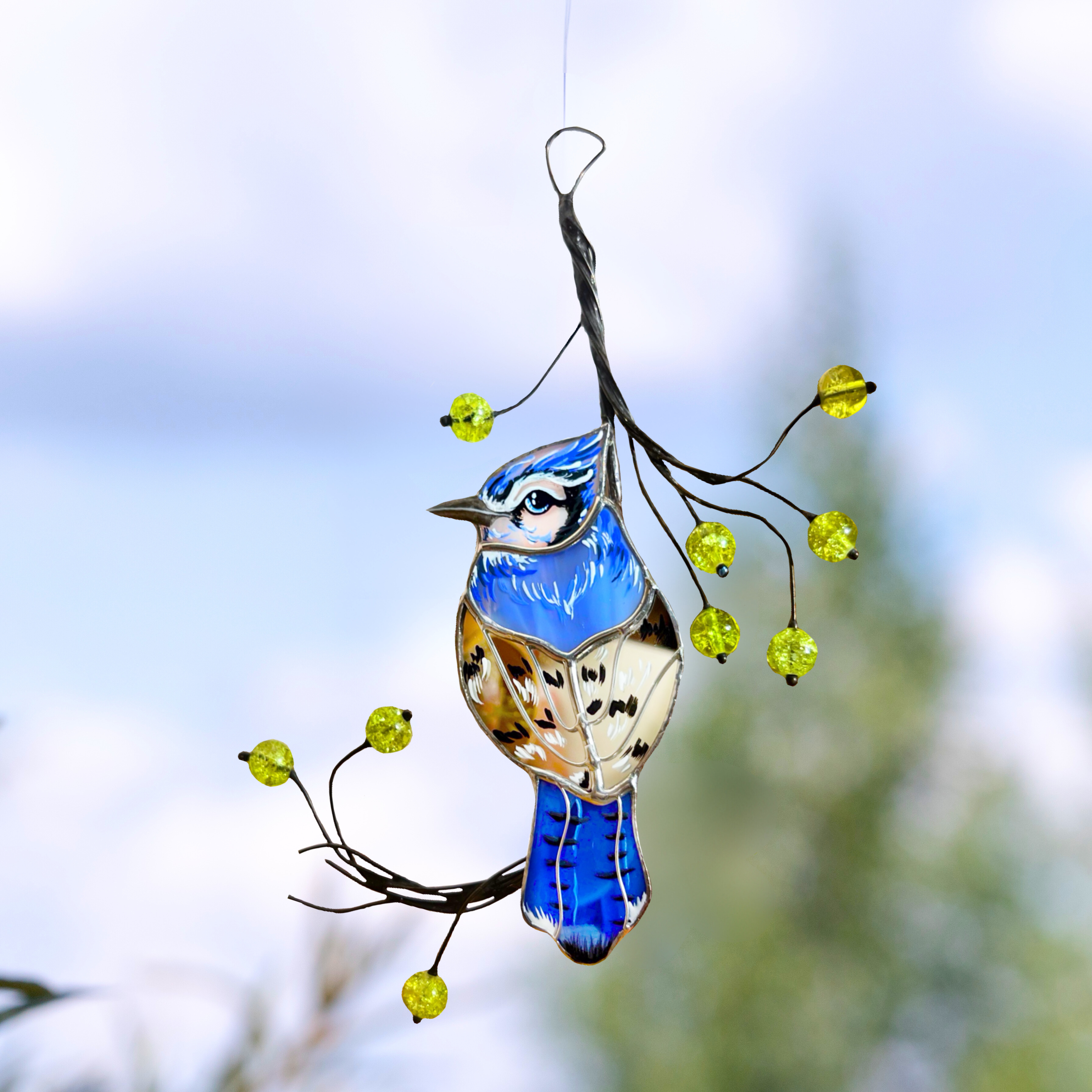 Mirror Blue Jay - Stained Glass Suncatcher