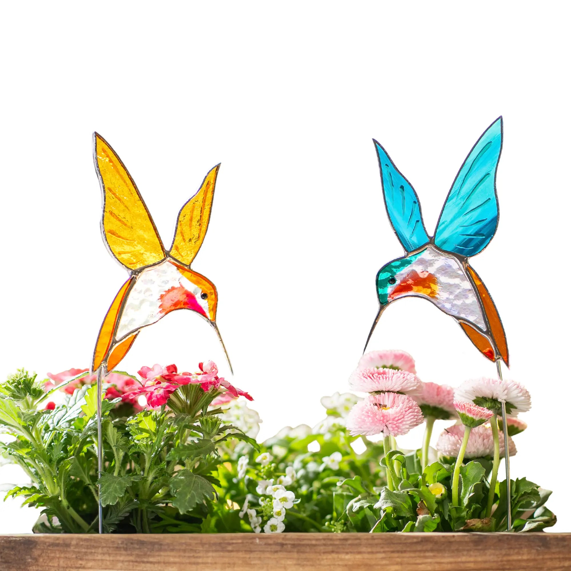 Pair of Yellow and Blue Hummingbirds - Stained Glass Plant Stakes