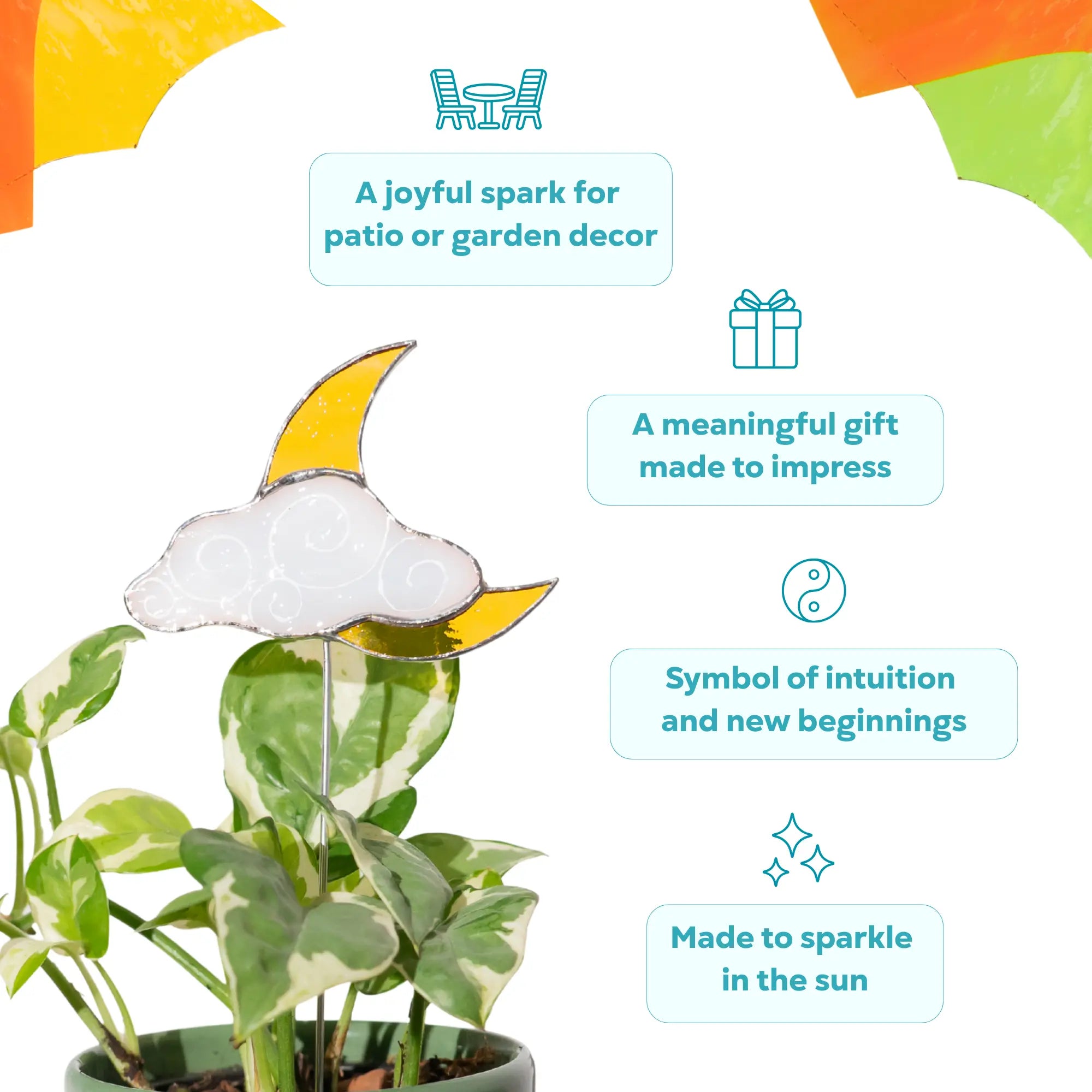 Orange Sun and Moon with White Cloude - Stained Glass Plant Stakes