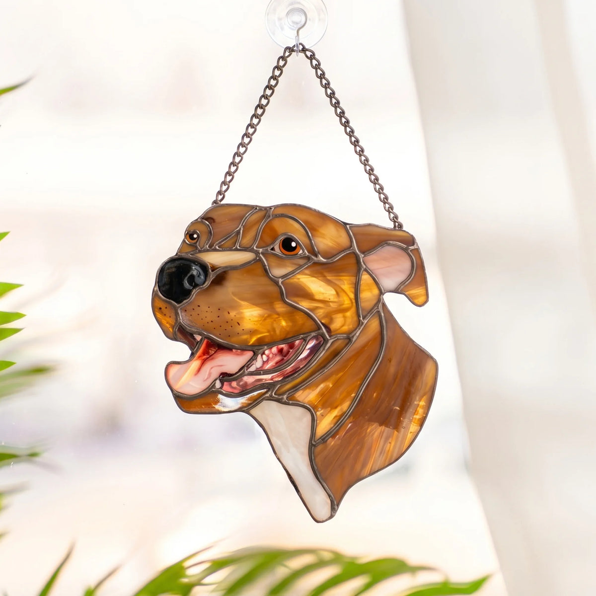 Custom dog suncatcher hanging from a suction cup hook in a sunlit window, warm amber glass glowing around the dog's open smile - handmade stained glass pet portrait that comes alive in the light