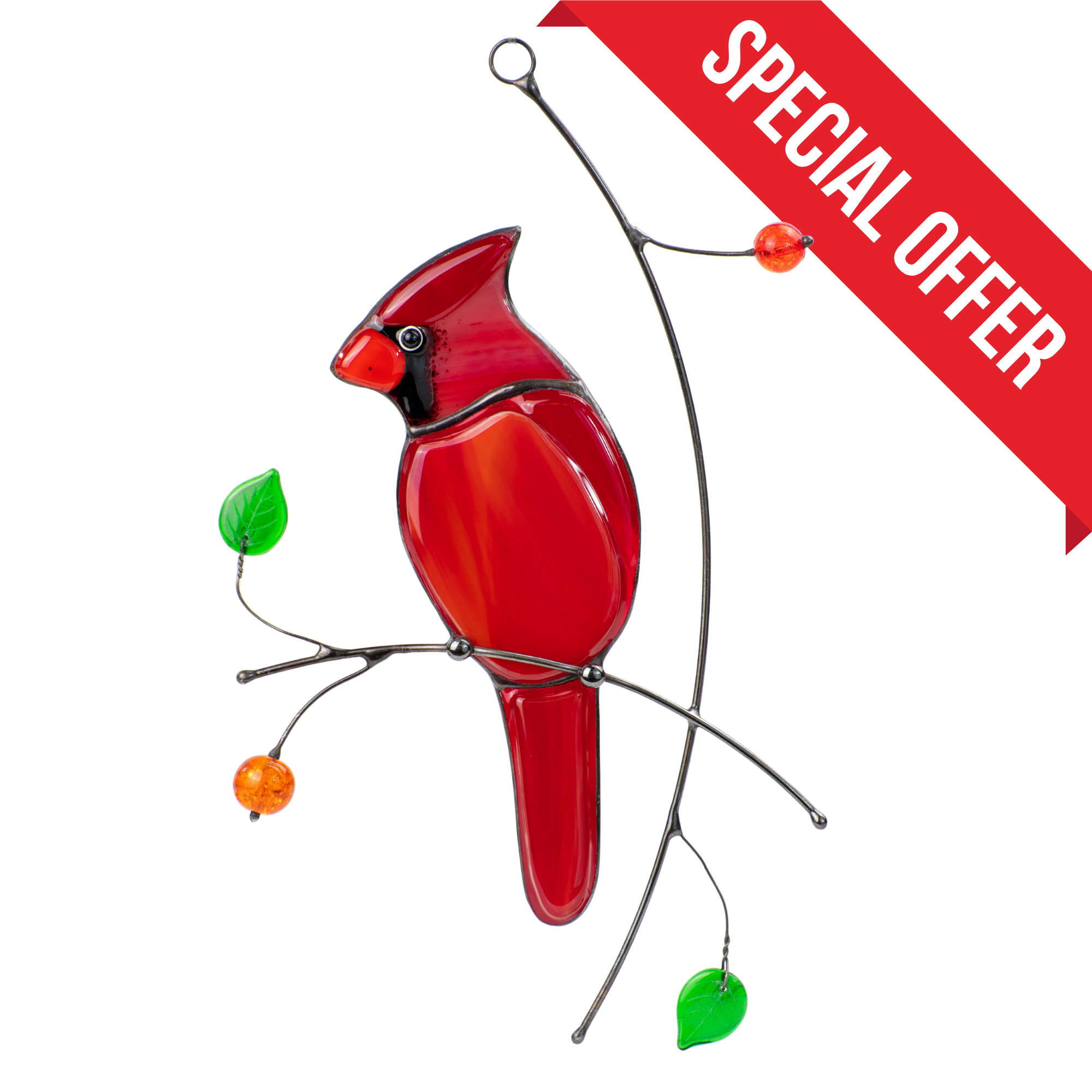 Red Cardinal On The Single Branch - Stained Glass Suncatcher