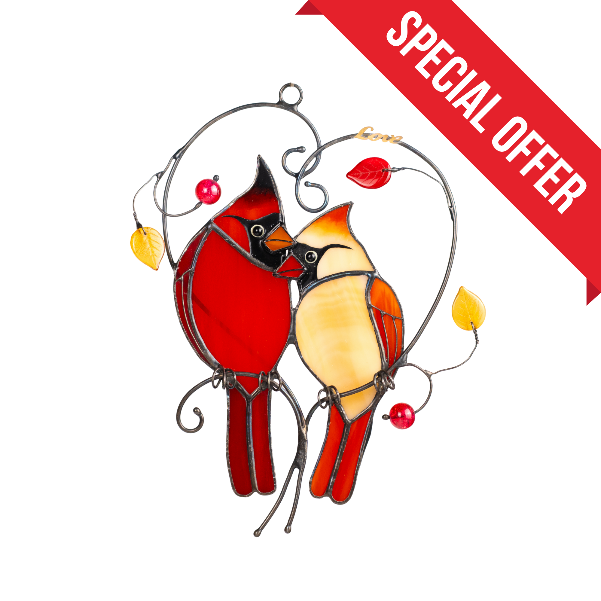 Pair of Cardinals on a Heart-shaped Branch - Stained Glass Suncatcher