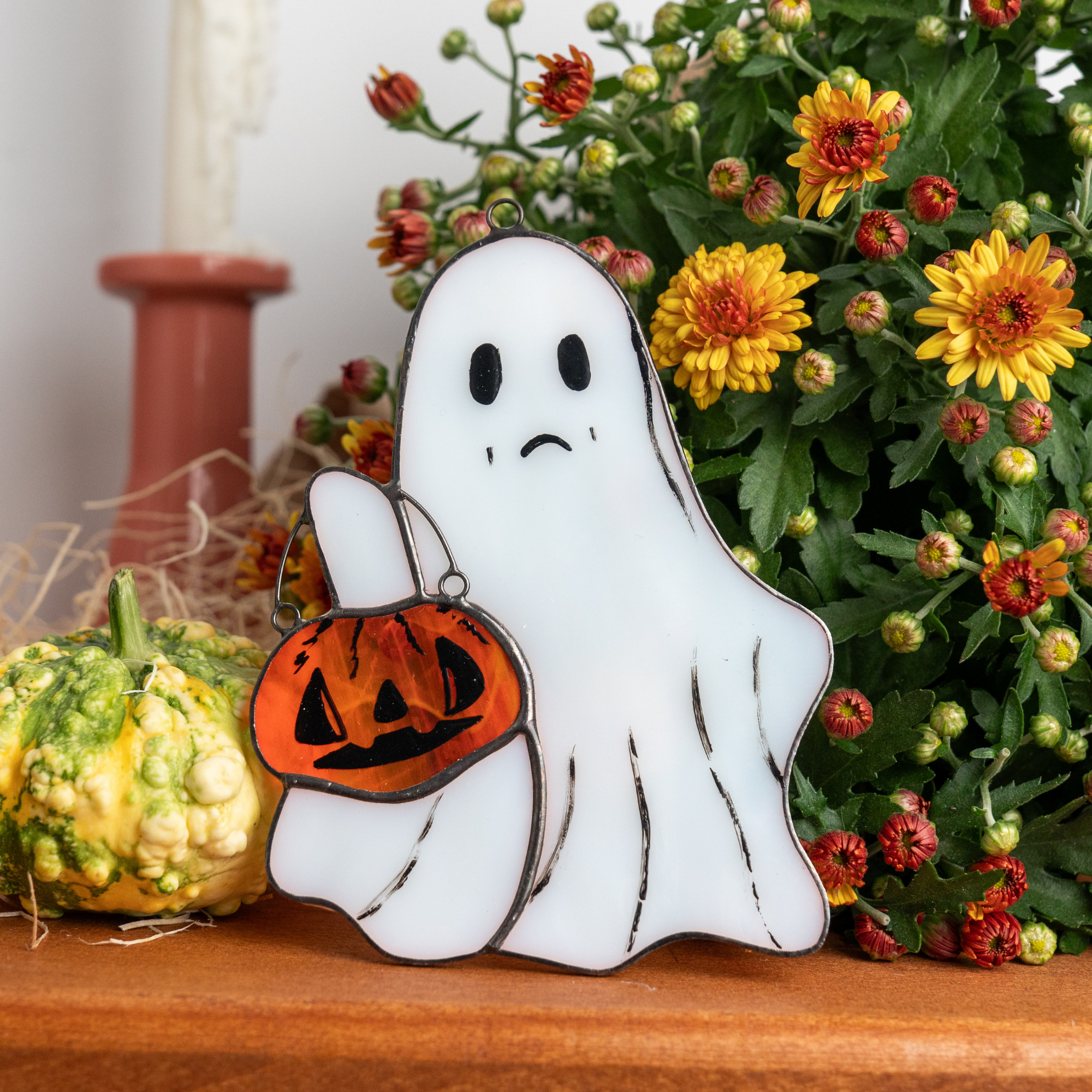 Ghost with a Pumpkin - Stained Glass Suncatcher