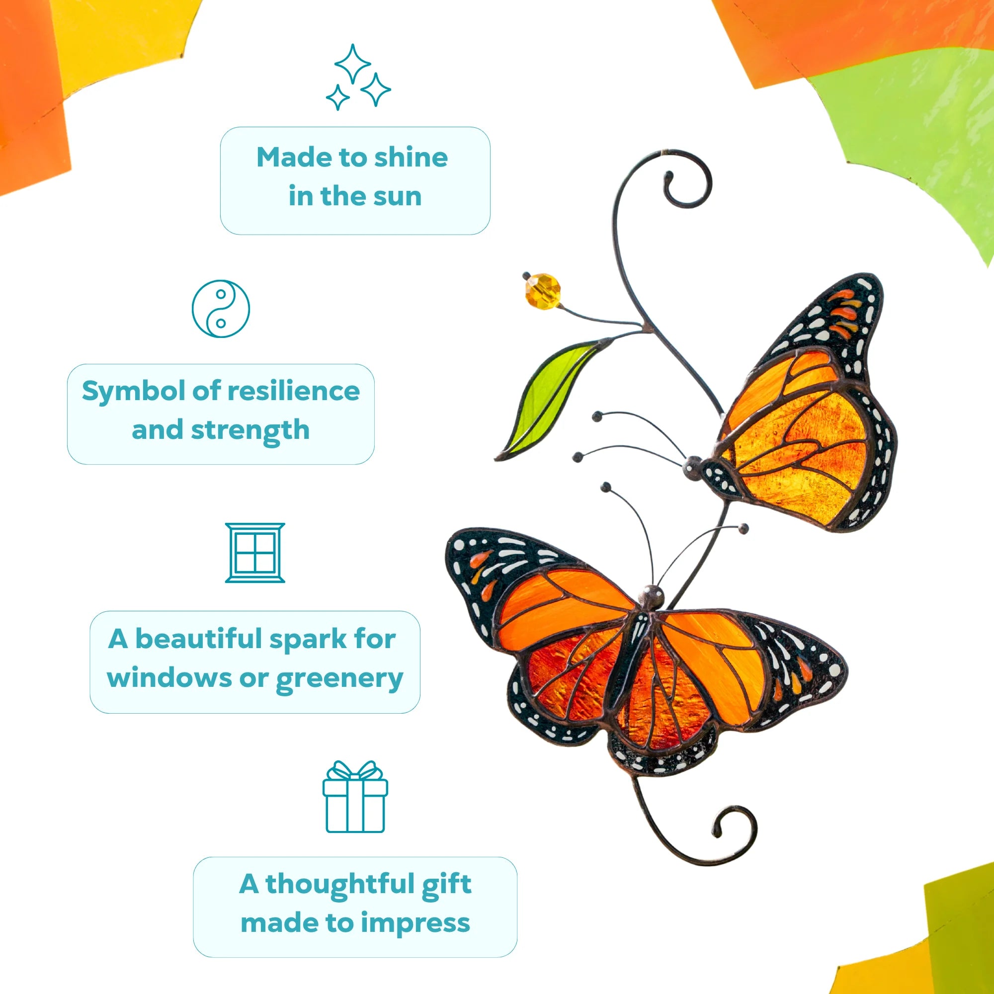 Handmade monarch butterfly suncatcher made to shine in the sun - a symbol of resilience and strength, a thoughtful gift and a bright spark of colour for windows or greenery