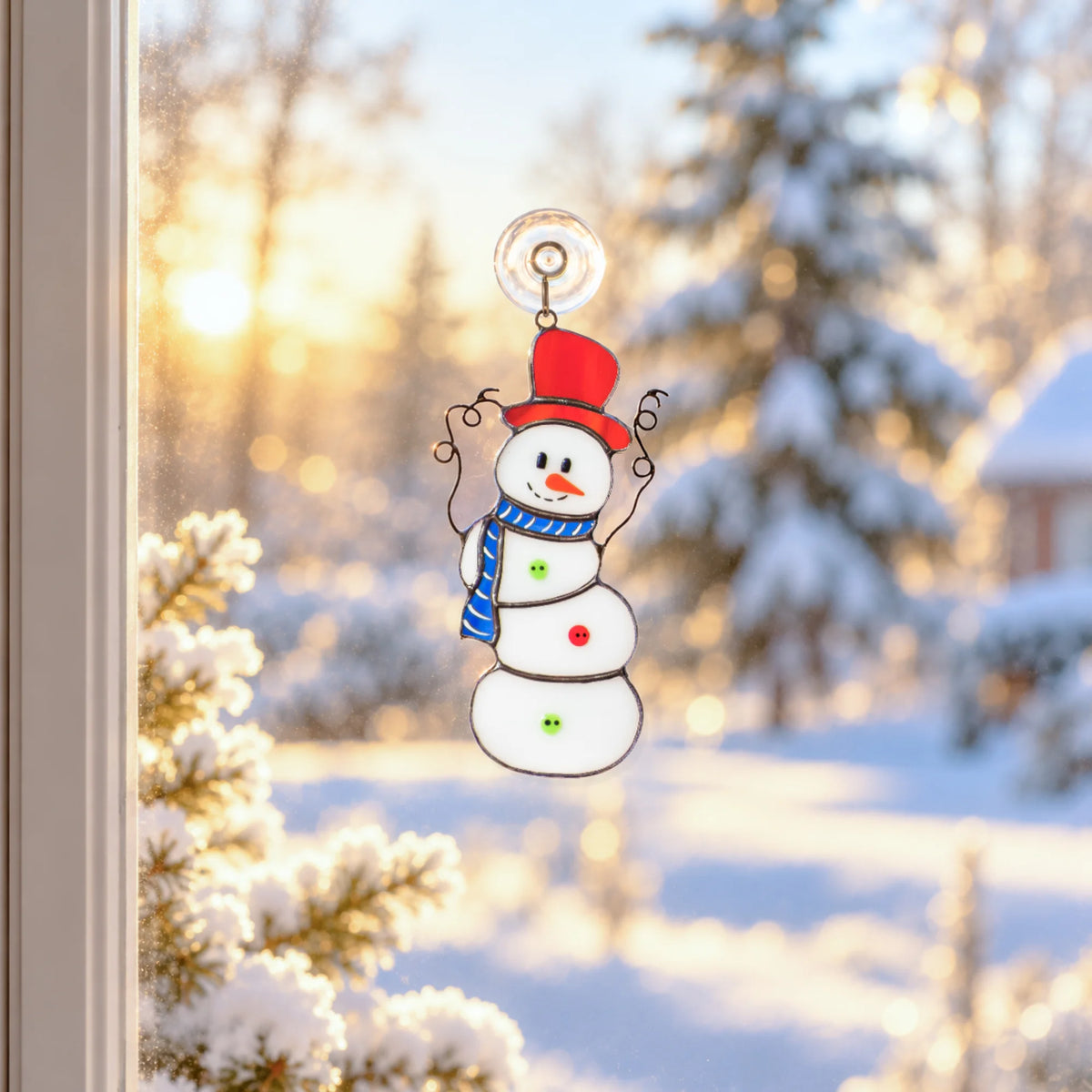 Christmas stained glass snowman suncatcher in a red top hat and blue striped scarf hanging by a suction cup on a frosty window, glowing against a sunlit snowy forest - handmade winter decor