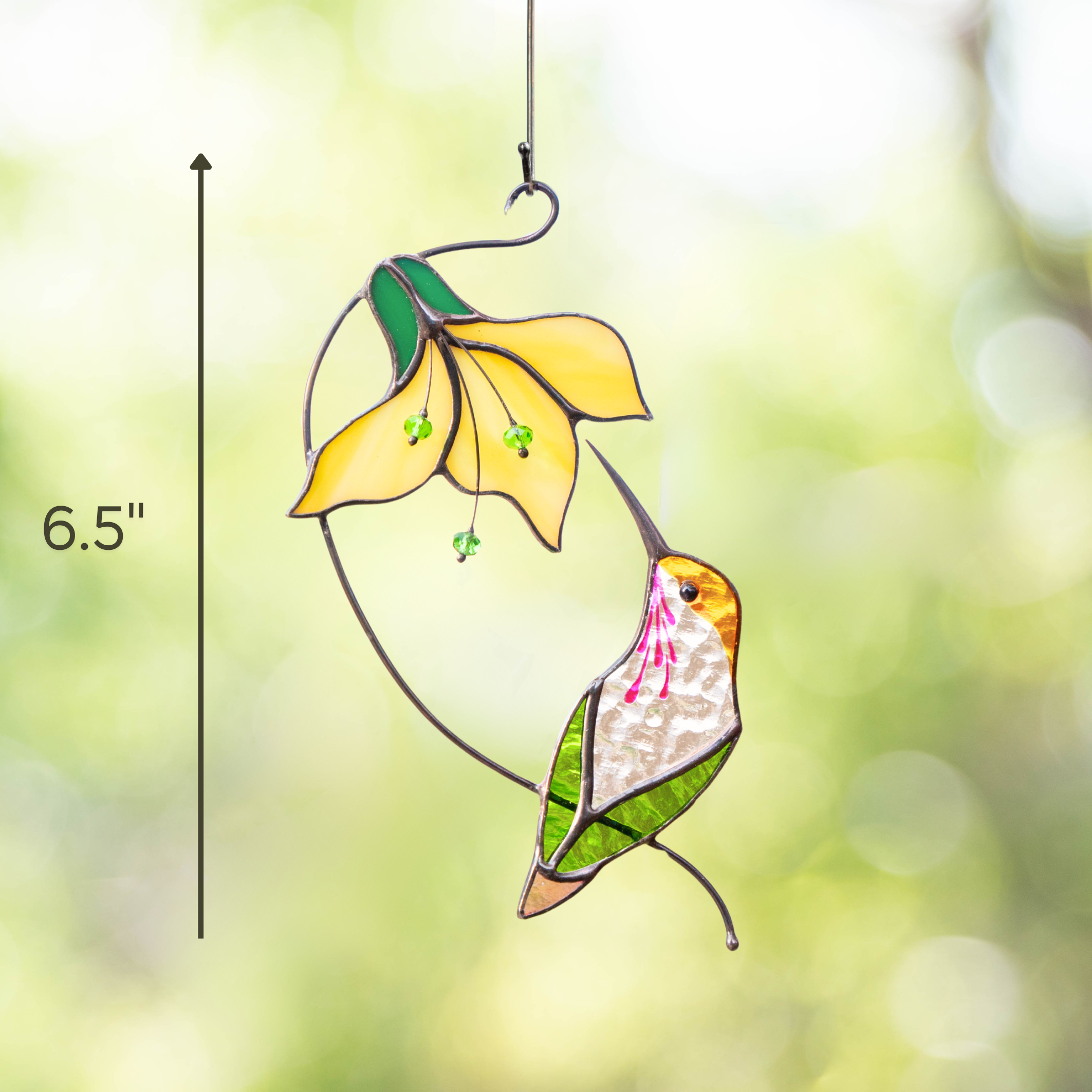 Hummingbird with yellow flower stained glass suncatcher