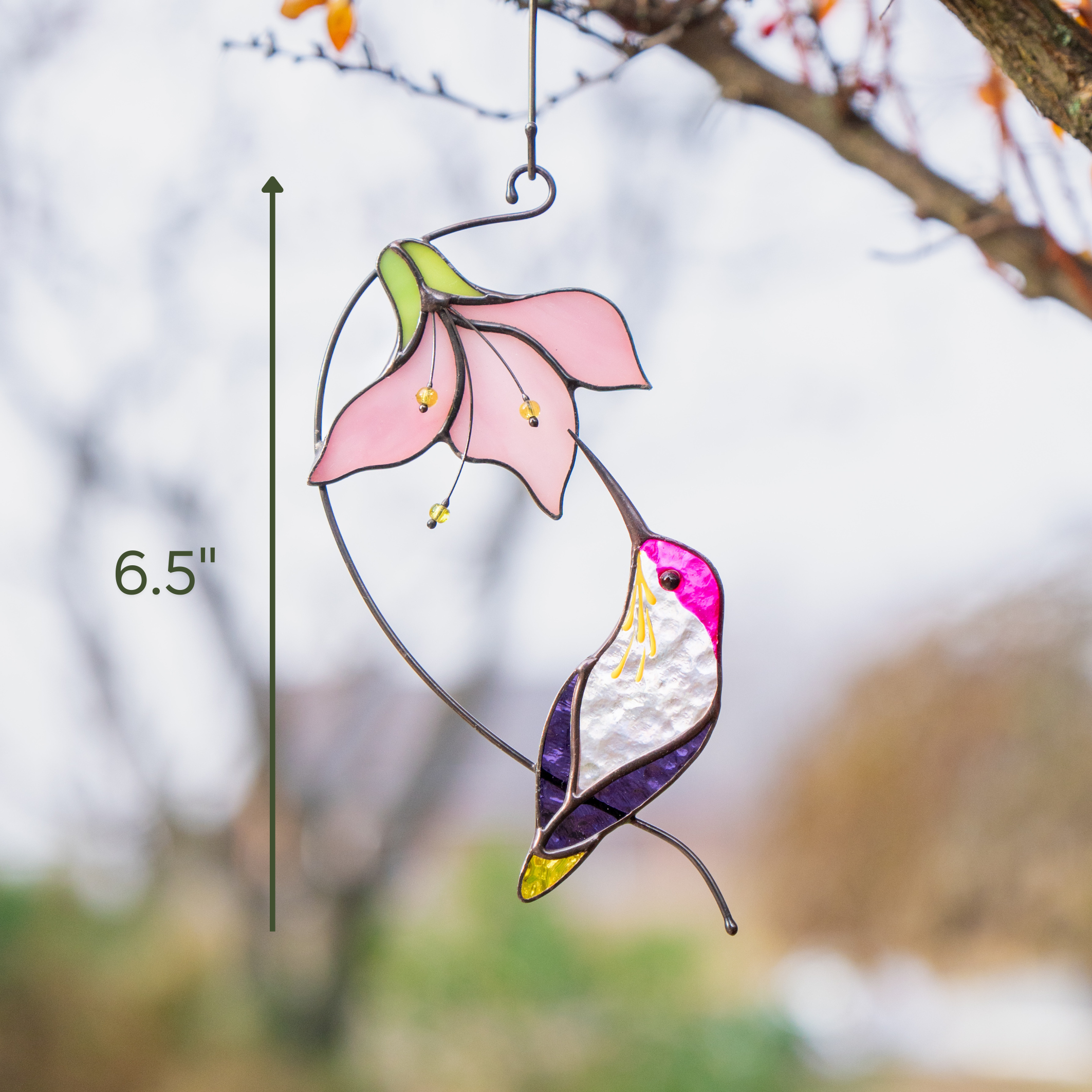 Purple hummingbird with flower stained glass suncatcher