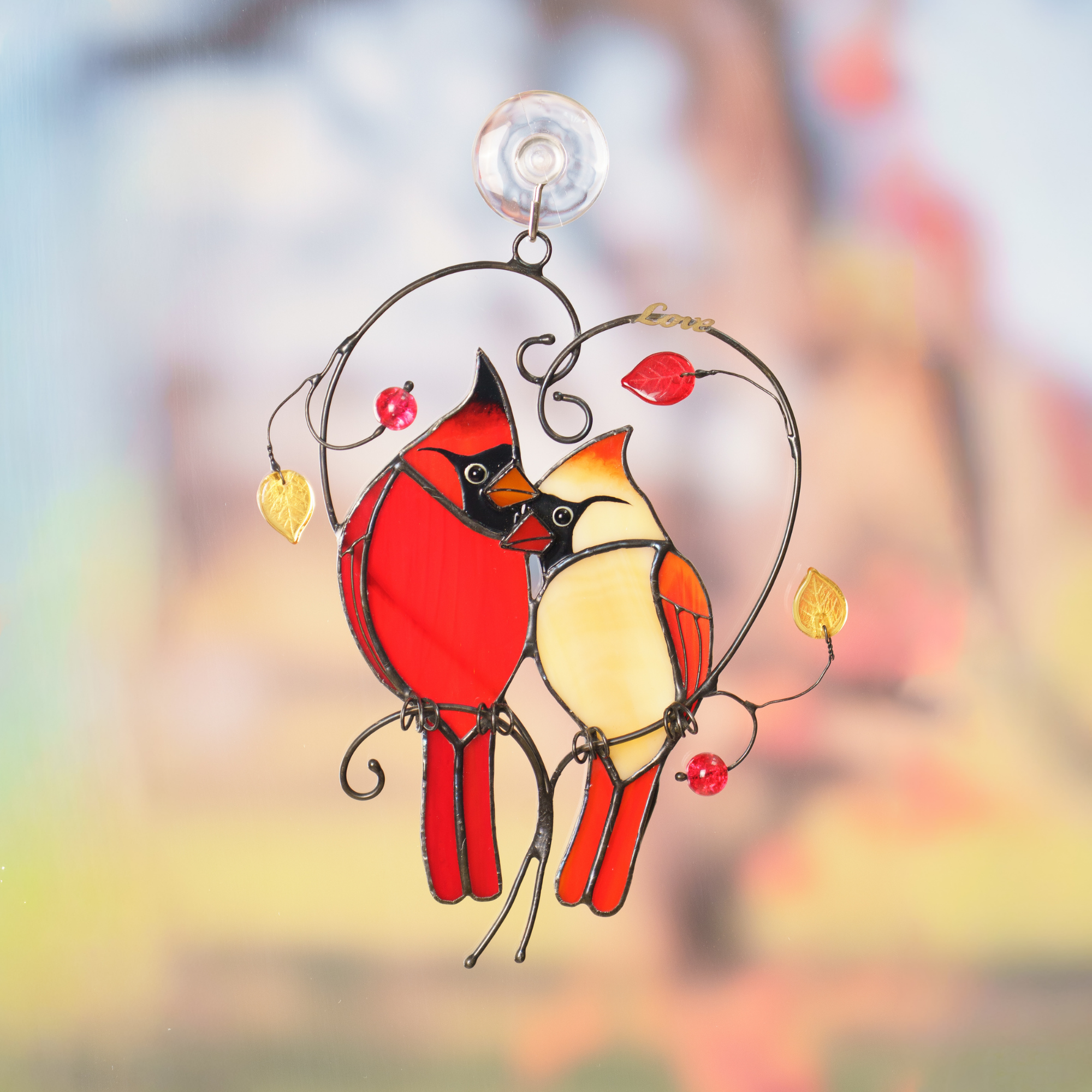Pair of Cardinals on a Heart-shaped Branch - Stained Glass Suncatcher