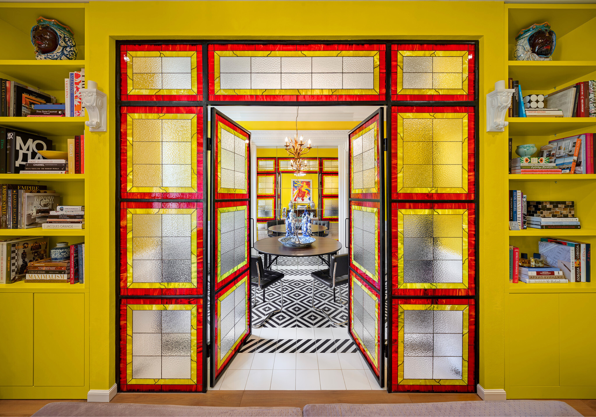 Stained glass double doors with red, yellow, and textured clear panels