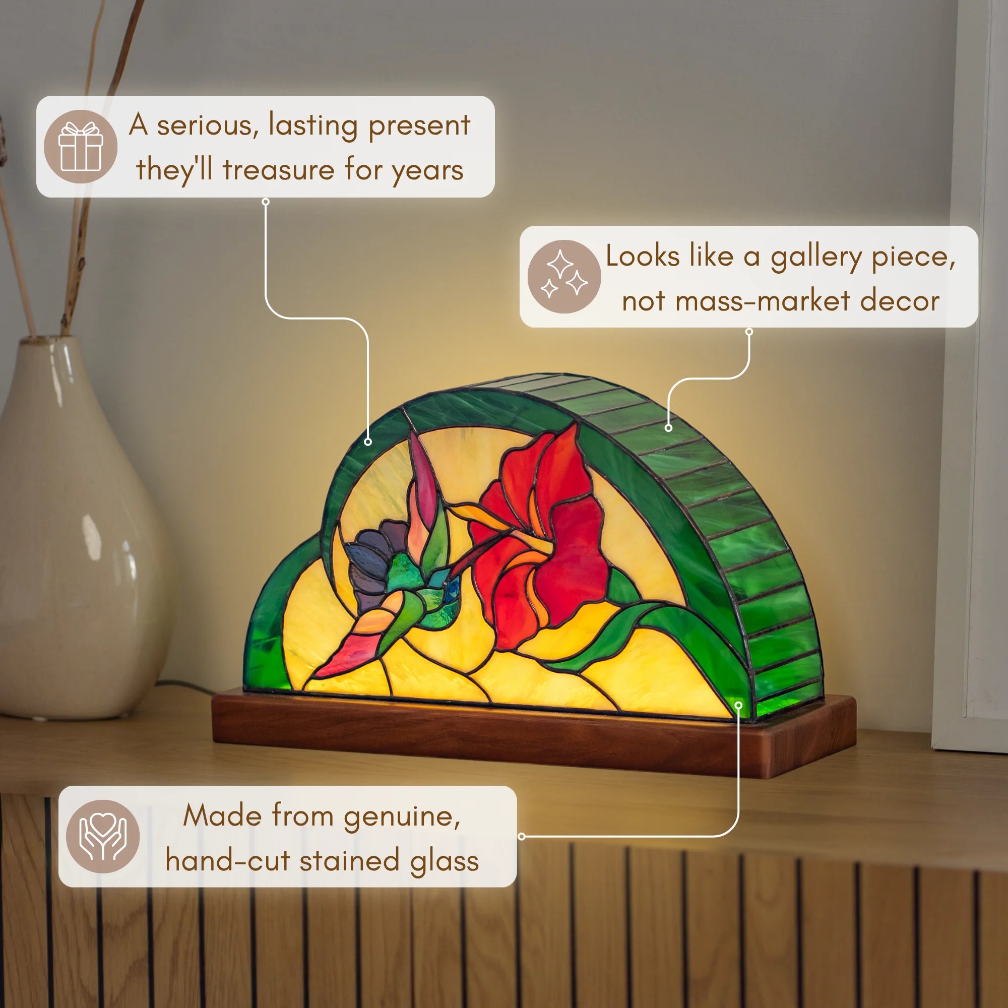 Infographic for a hummingbird stained glass table lamp - a serious, lasting gift made from genuine hand-cut stained glass that looks like a gallery piece and glows warmly on a shelf