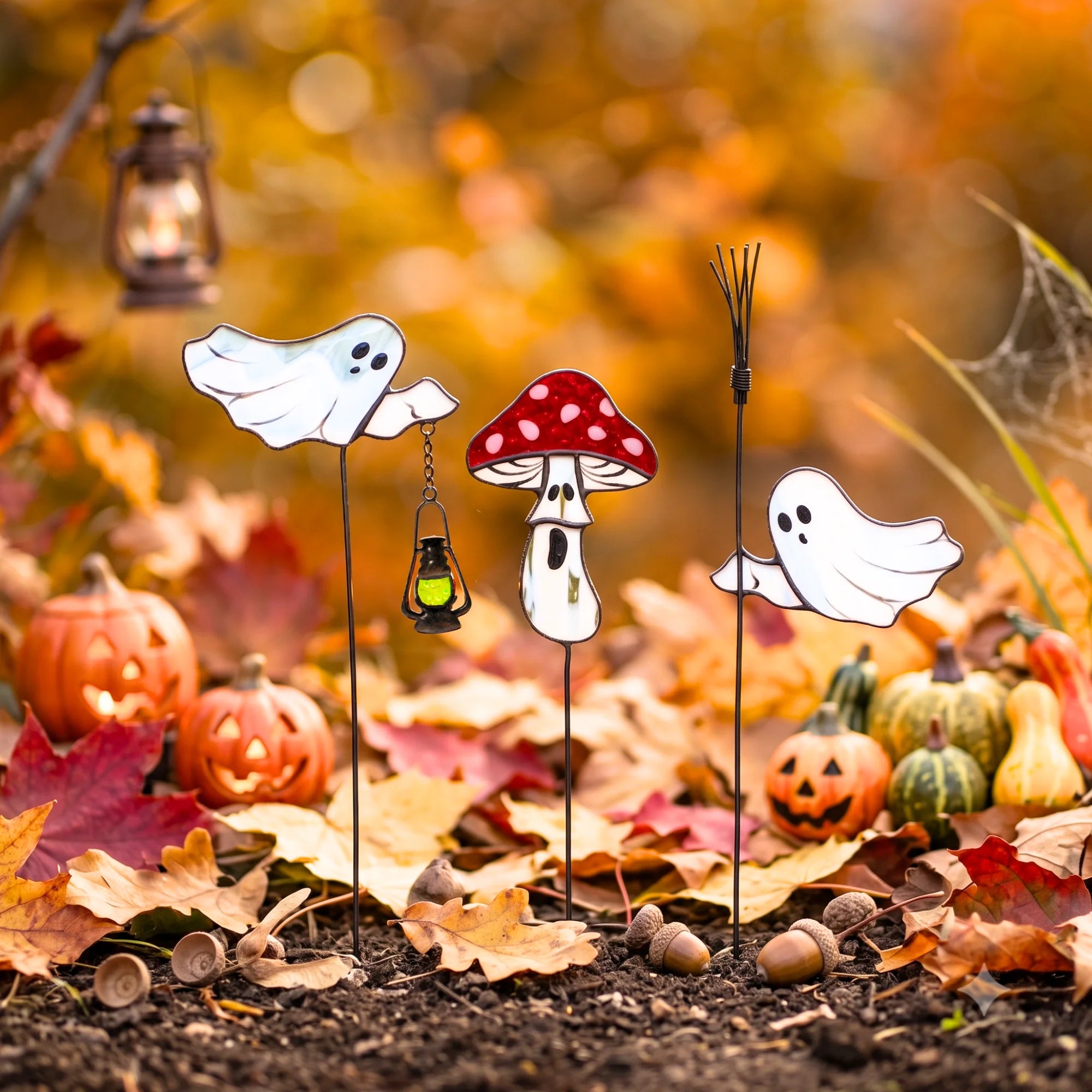 Halloween stained glass garden art staked in fallen autumn leaves among lit jack-o-lanterns and gourds - two white glass ghosts and a red spotted toadstool with a glowing lantern