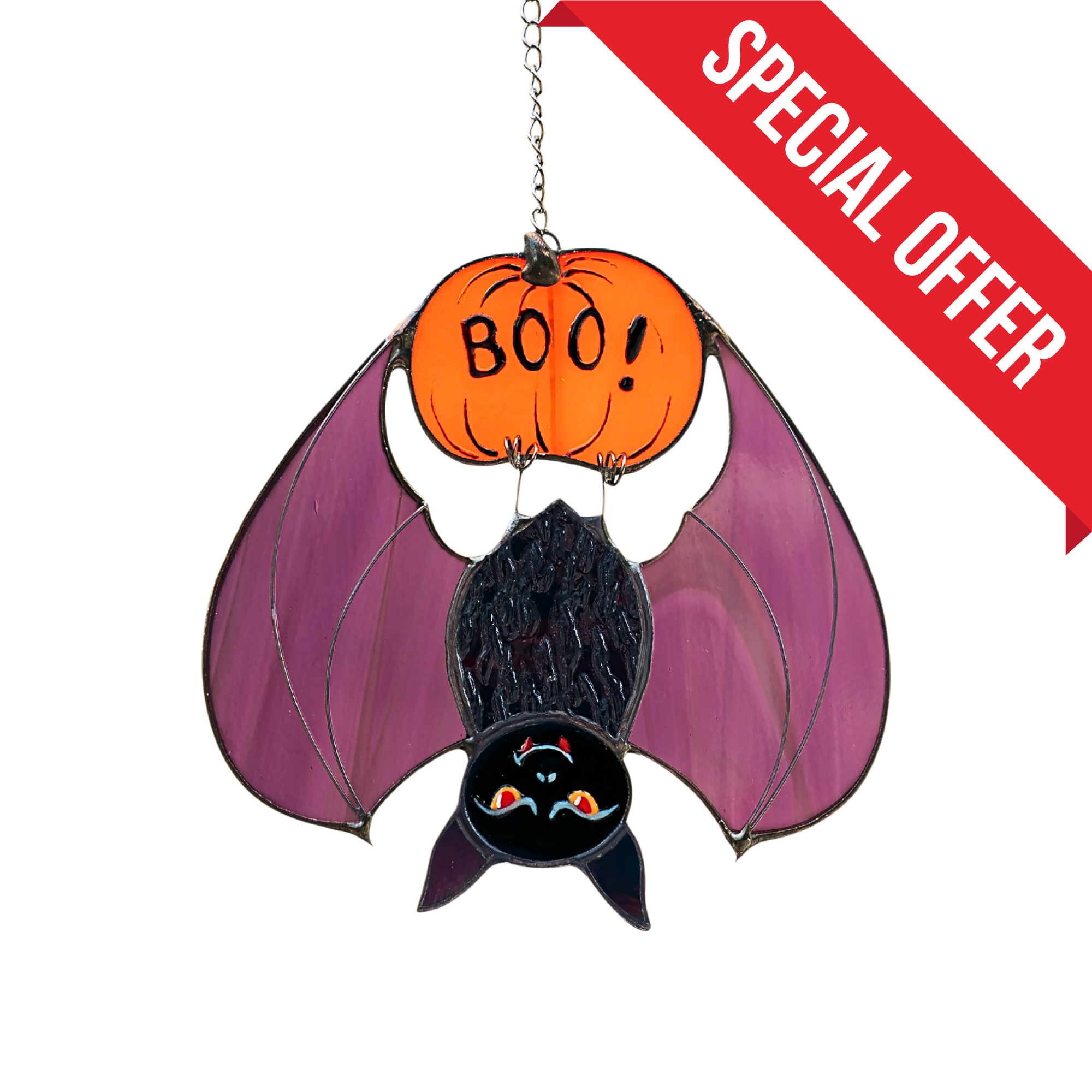 Boo Bat Hanging on a Pumpkin - Stained Glass Suncatcher