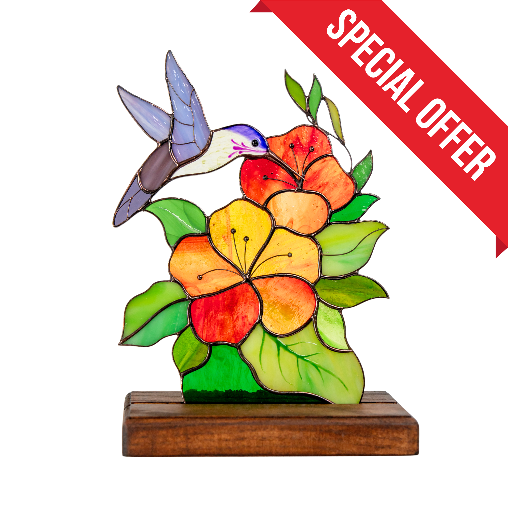 Hummingbird with Flowers on a Wooden Base - Stained Glass Panel