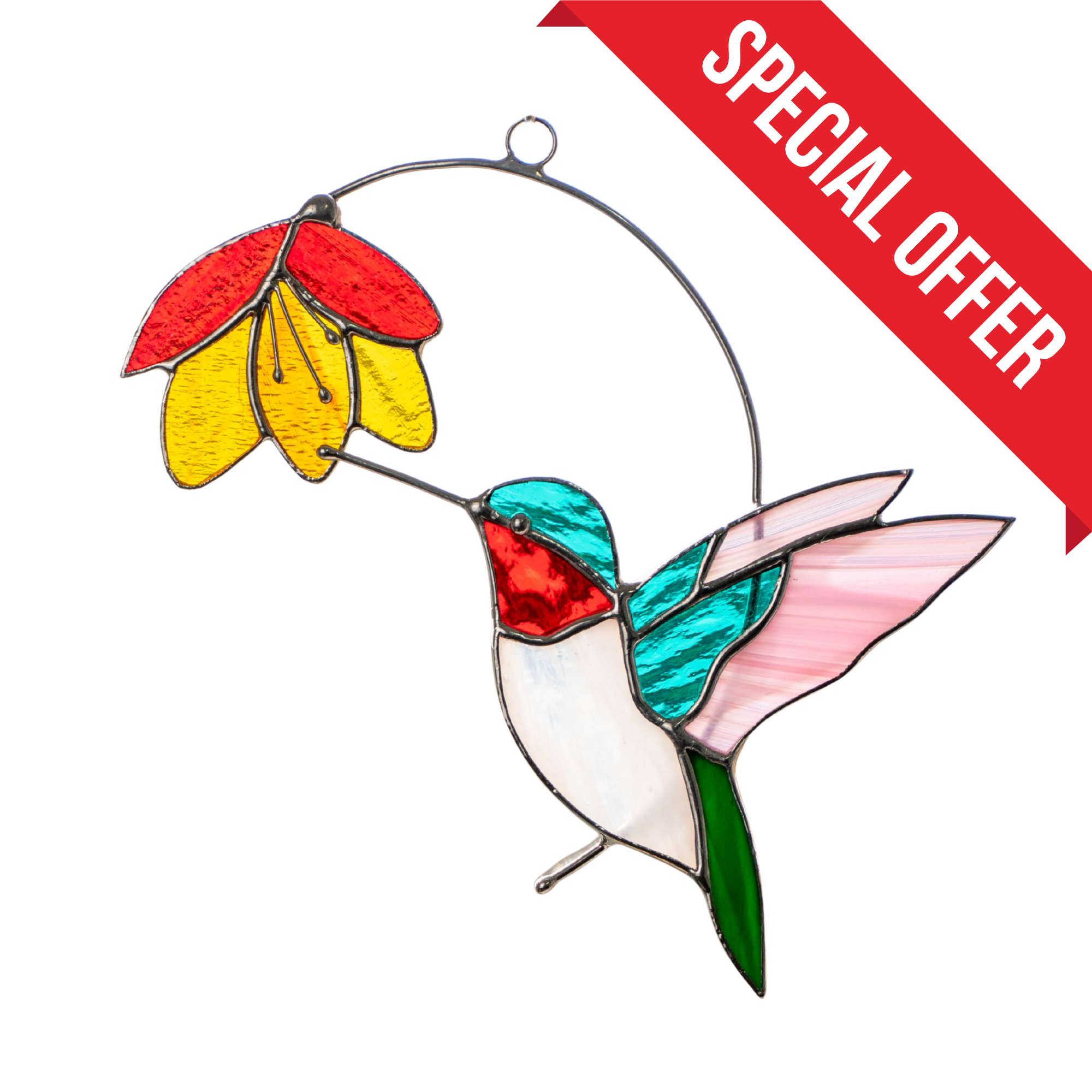 Colourful Hummingbird with Flower - Stained Glass Suncatcher