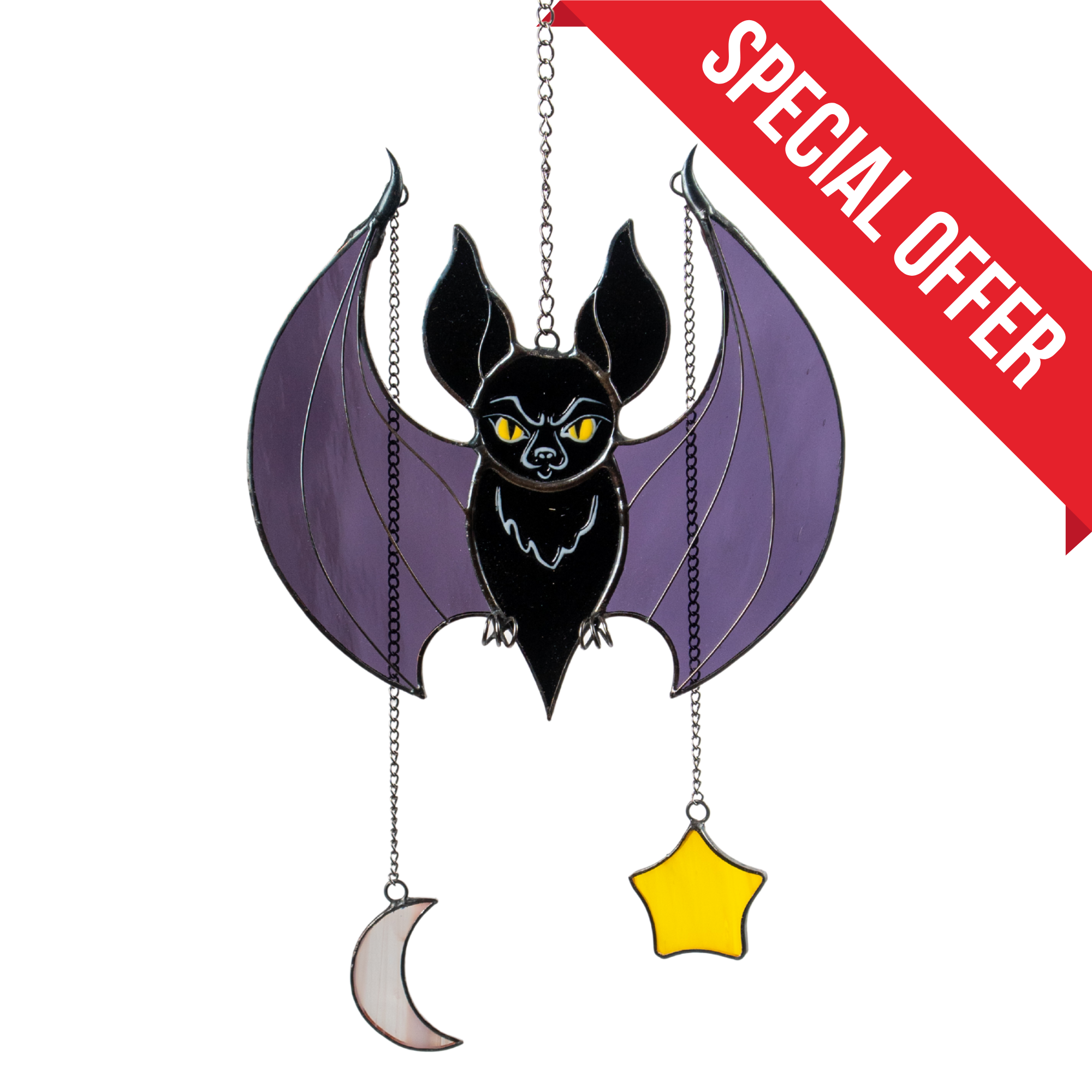 Purple Bat with Moon and Star - Stained Glass Suncatcher