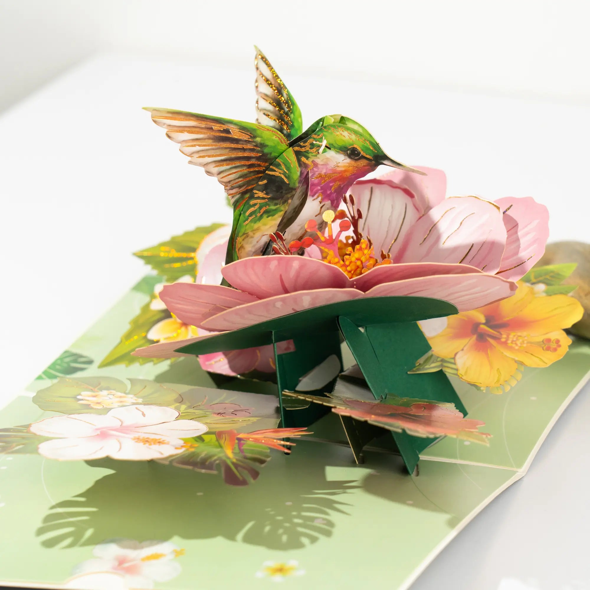 3D pop-up card with a hummingbird and flowers on a white background