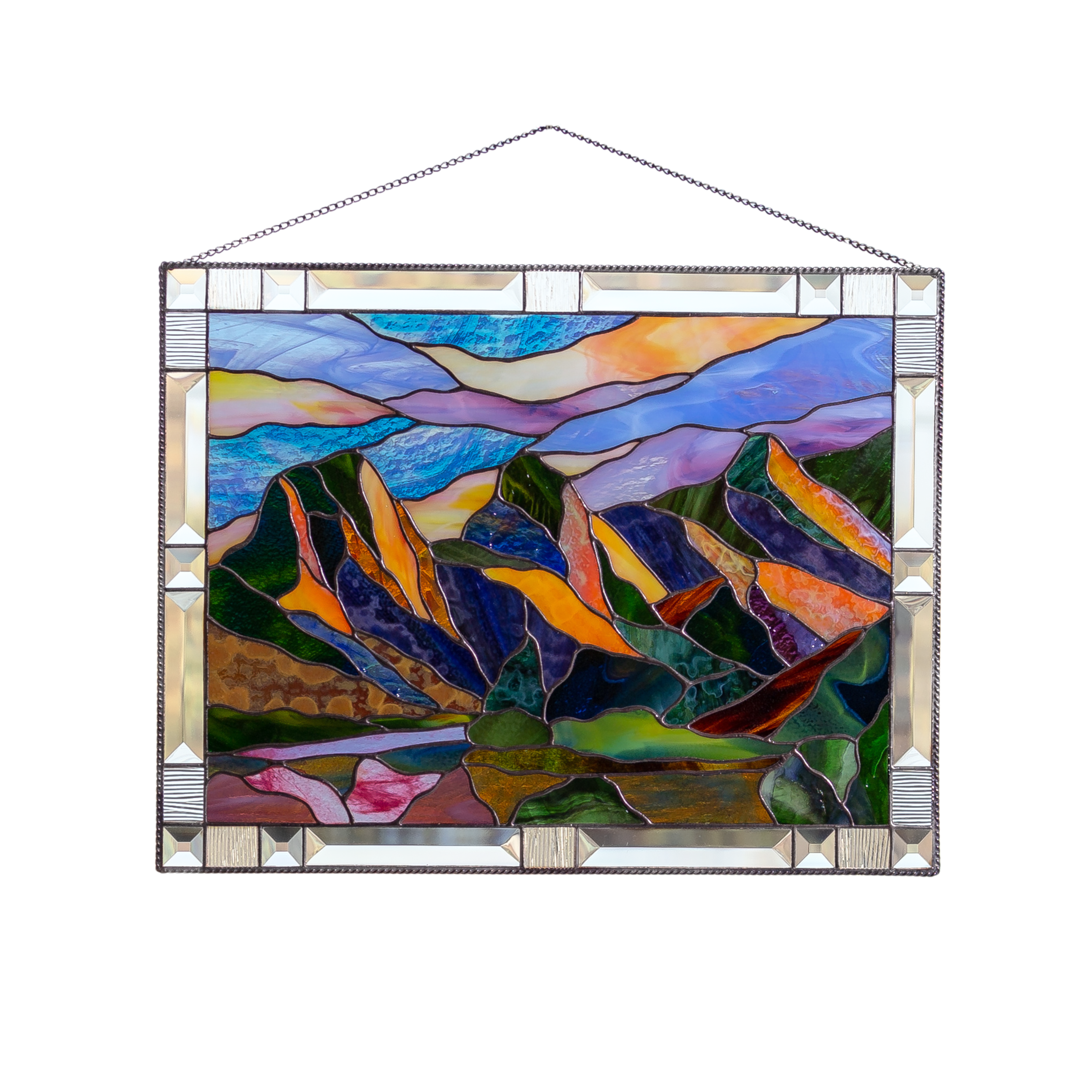 Classic stained glass panel Three Sisters Mountains