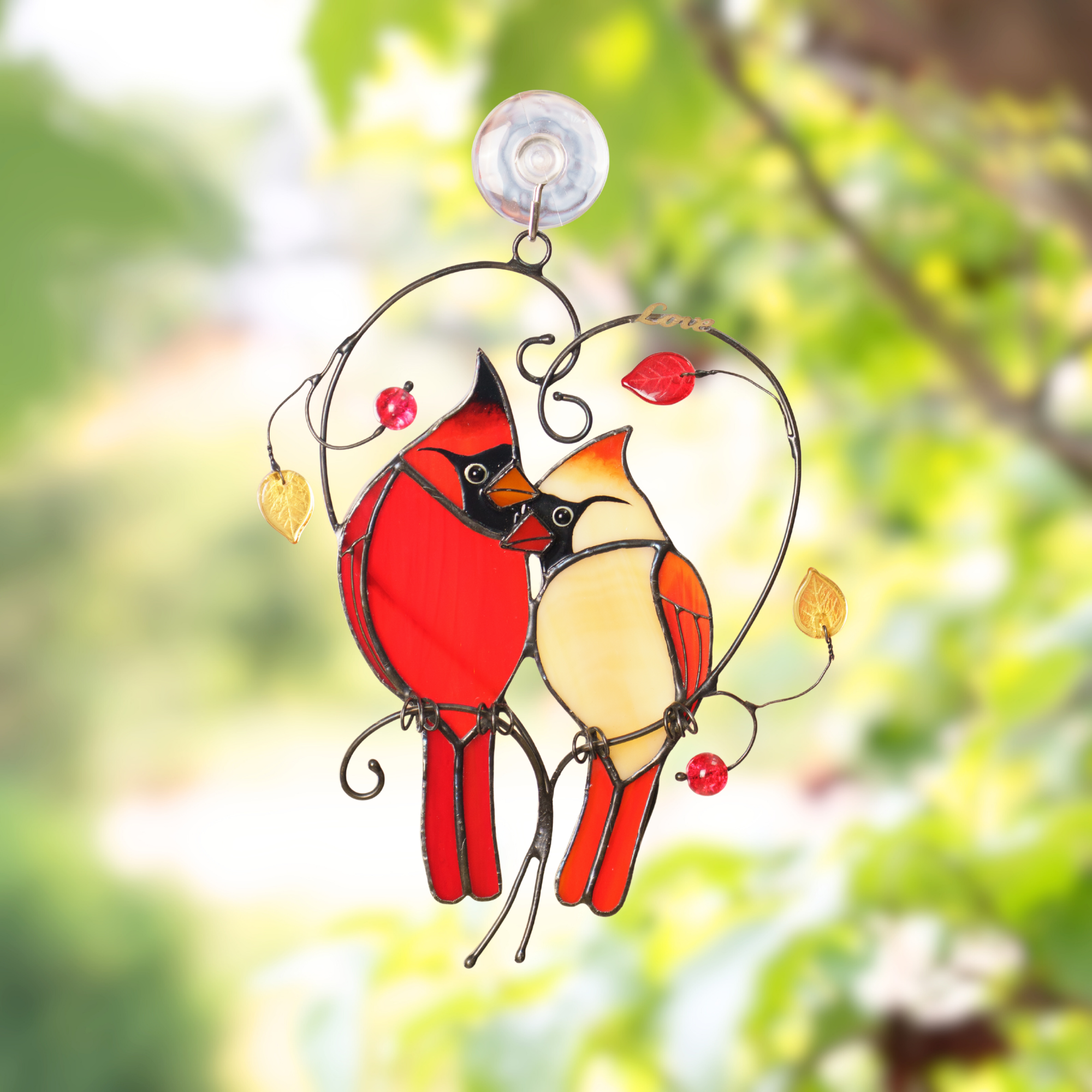 Pair of Cardinals on a Heart-shaped Branch - Stained Glass Suncatcher
