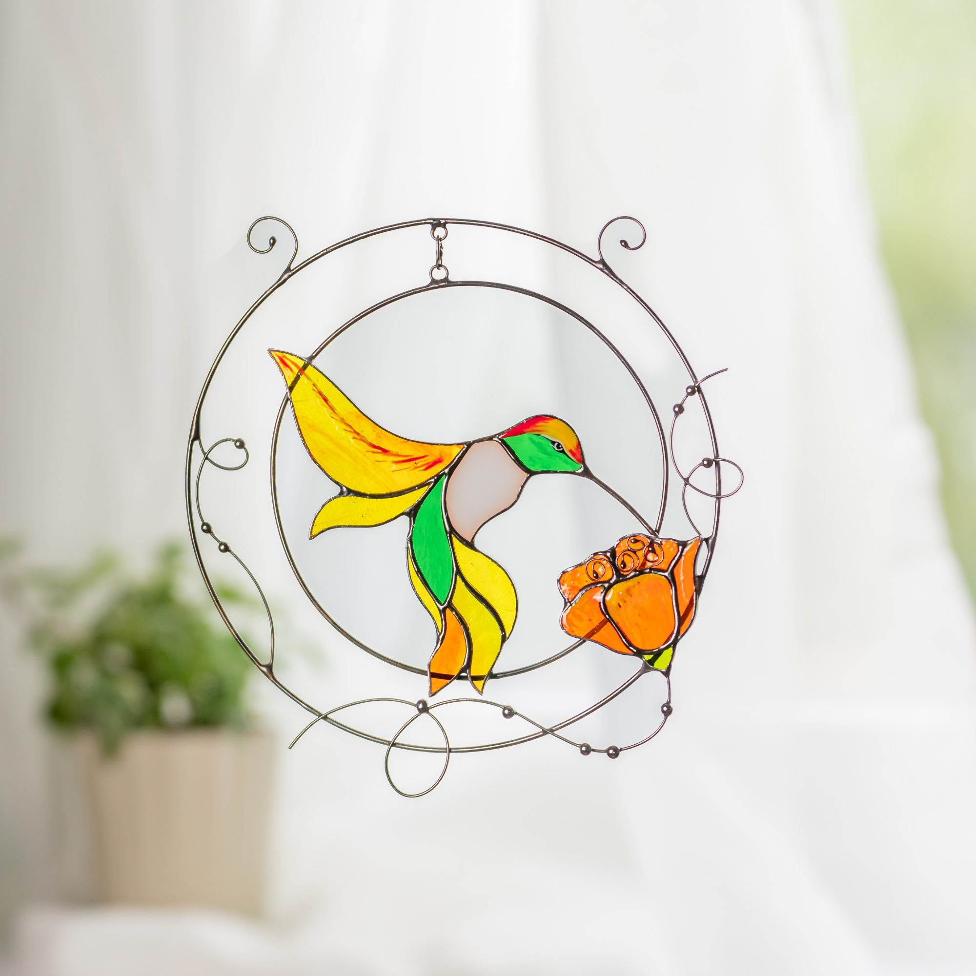 Hummingbird with Yellow Feathers - Stained Glass Suncatcher