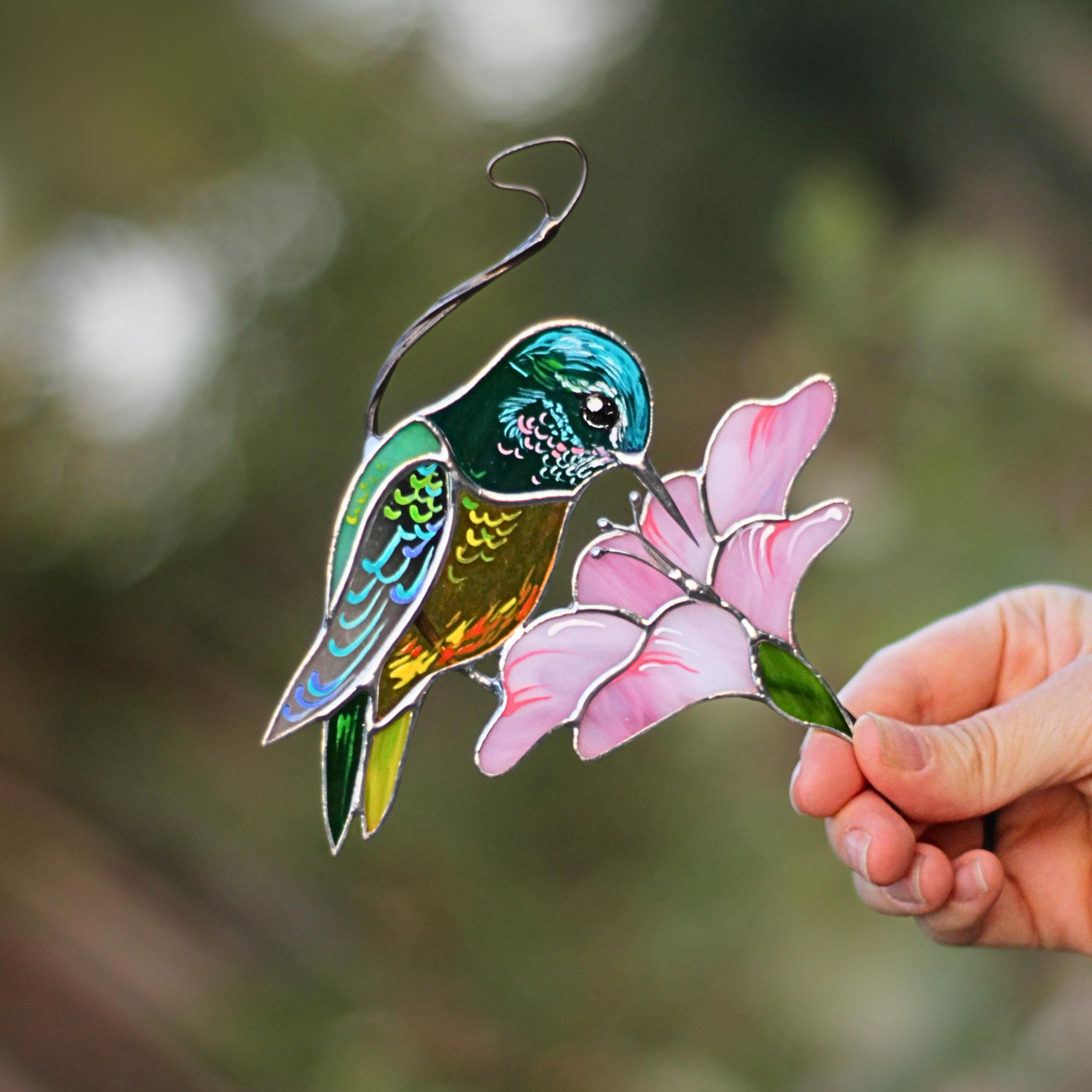 Hummingbird with a Pink Flower - Stained Glass Suncatcher