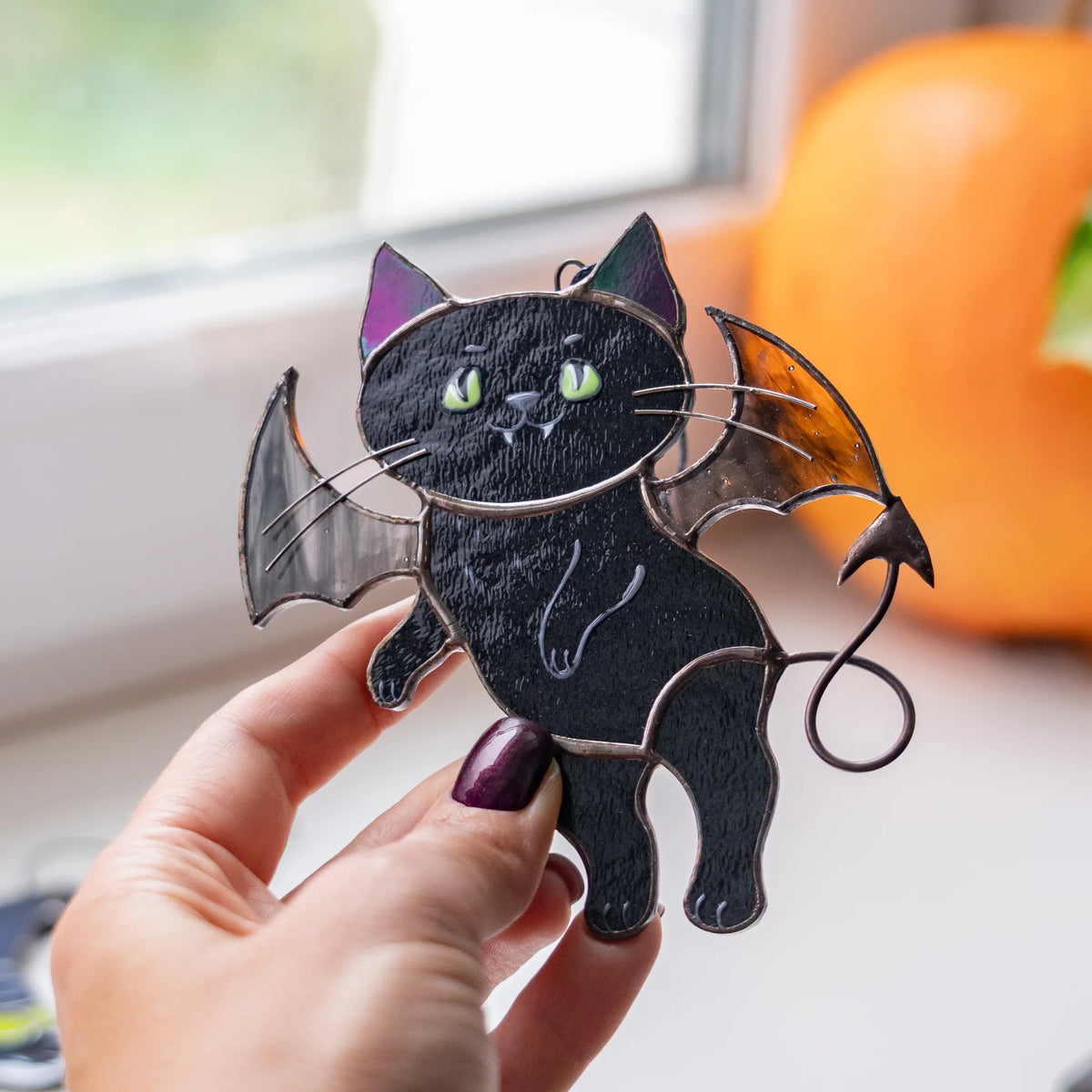 Black Cat with Wings and Devil Horns - Stained Glass Suncatcher