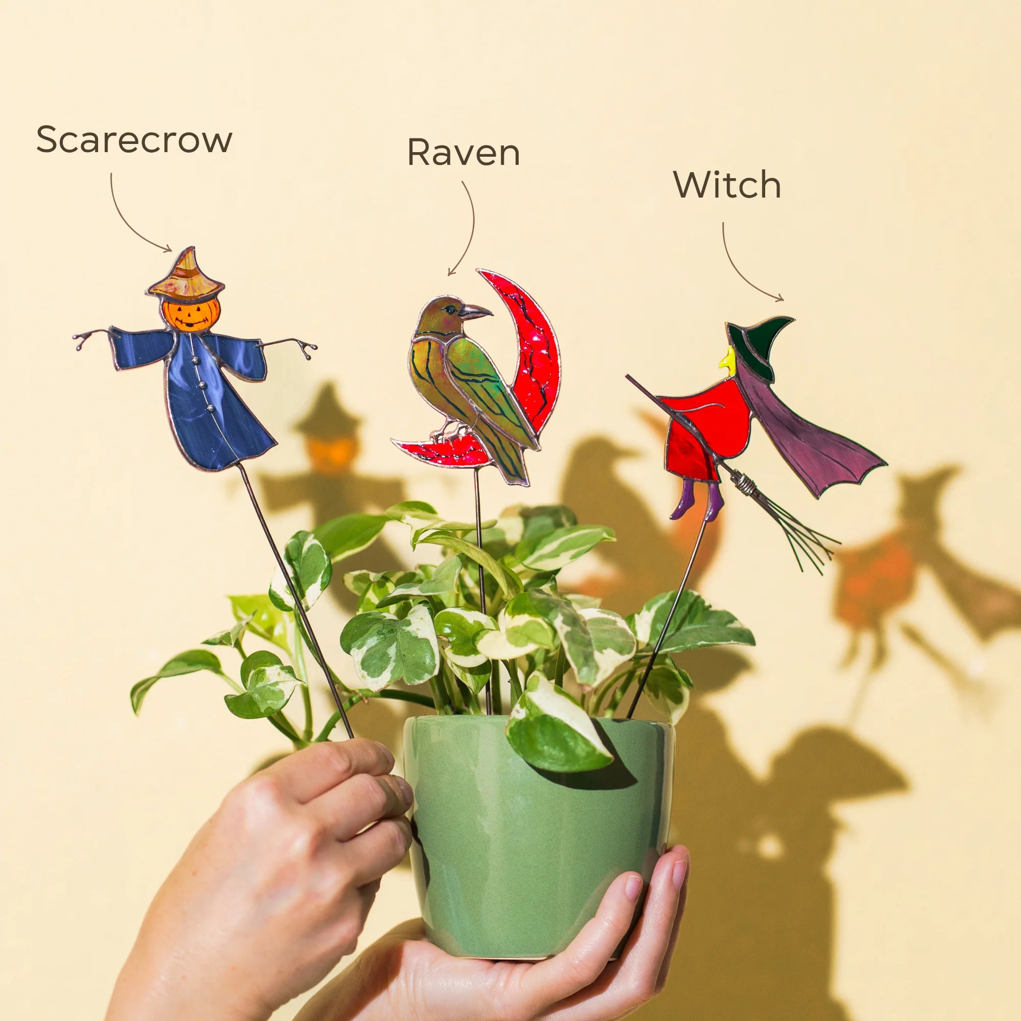 Scarecrow, Witch and Raven on the Moon - Halloween Stained Glass Plant Stakes