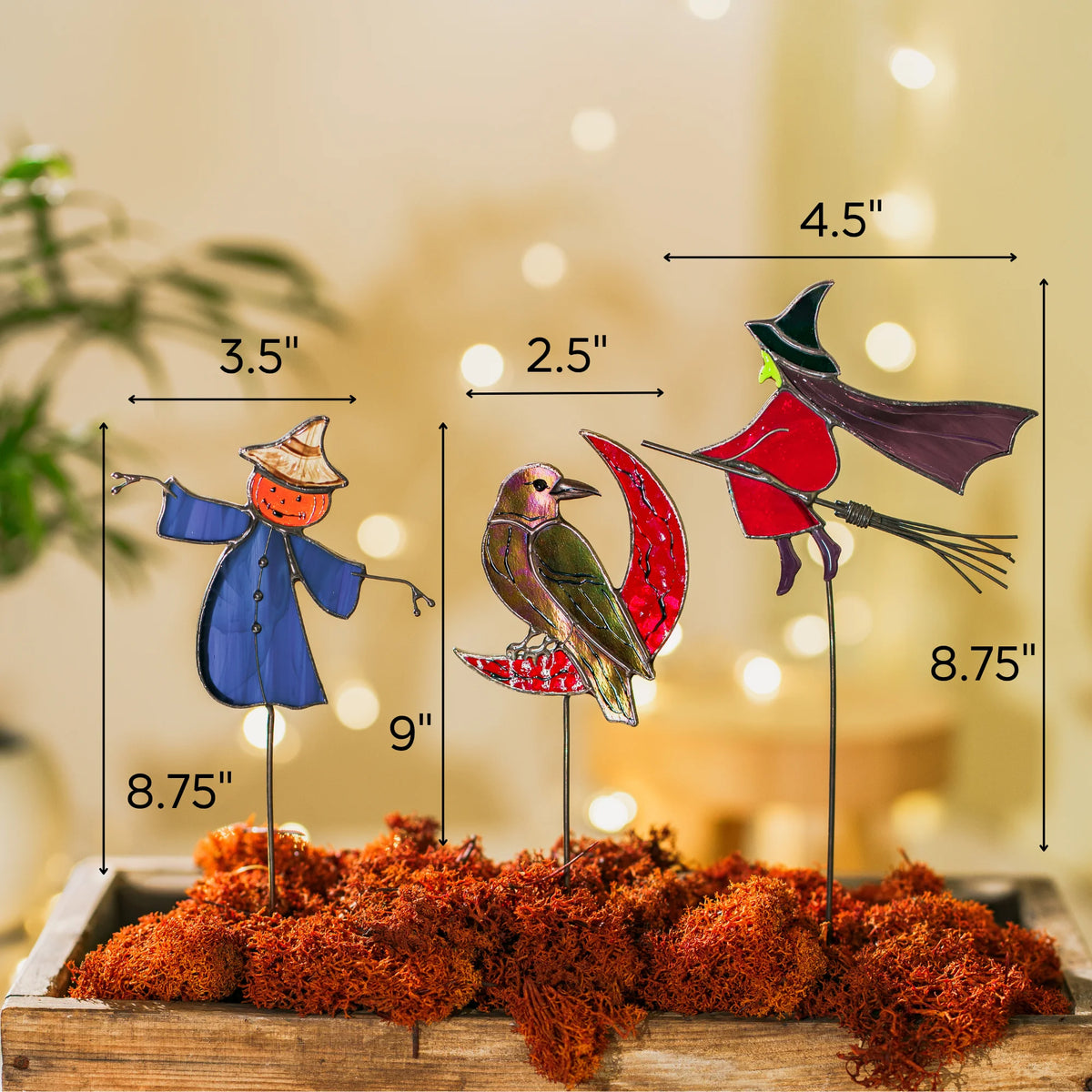 Scarecrow, Witch and Raven on the Moon - Halloween Stained Glass Plant Stakes