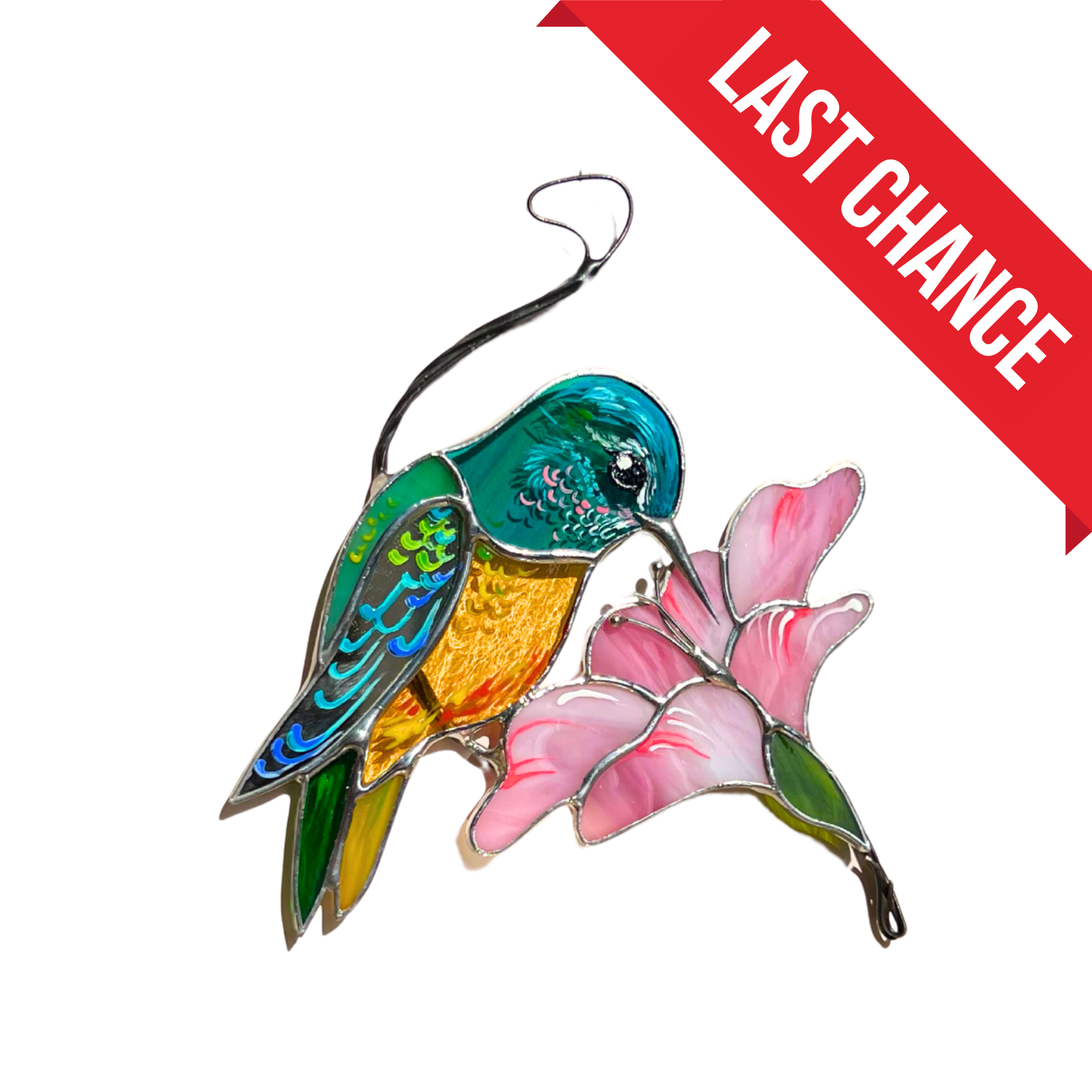 Hummingbird with a Pink Flower - Stained Glass Suncatcher