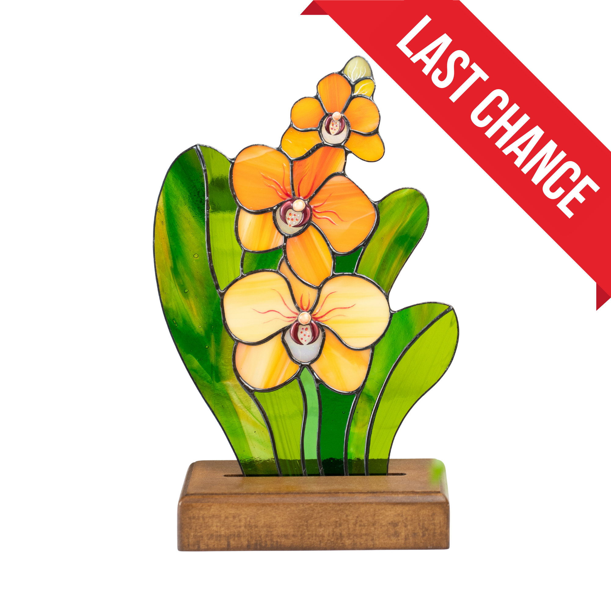 Orange Orchid on a Wooden Base - Stained Glass Panel