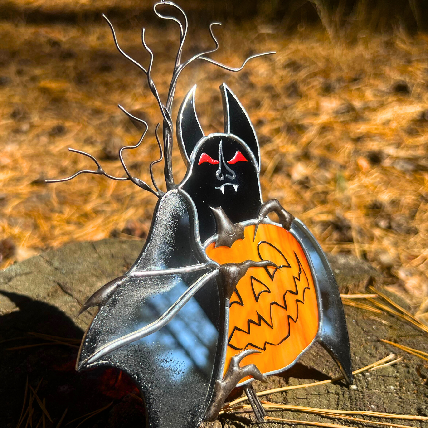 Mirror Bat with a Pumpkin - Stained Glass Suncatcher