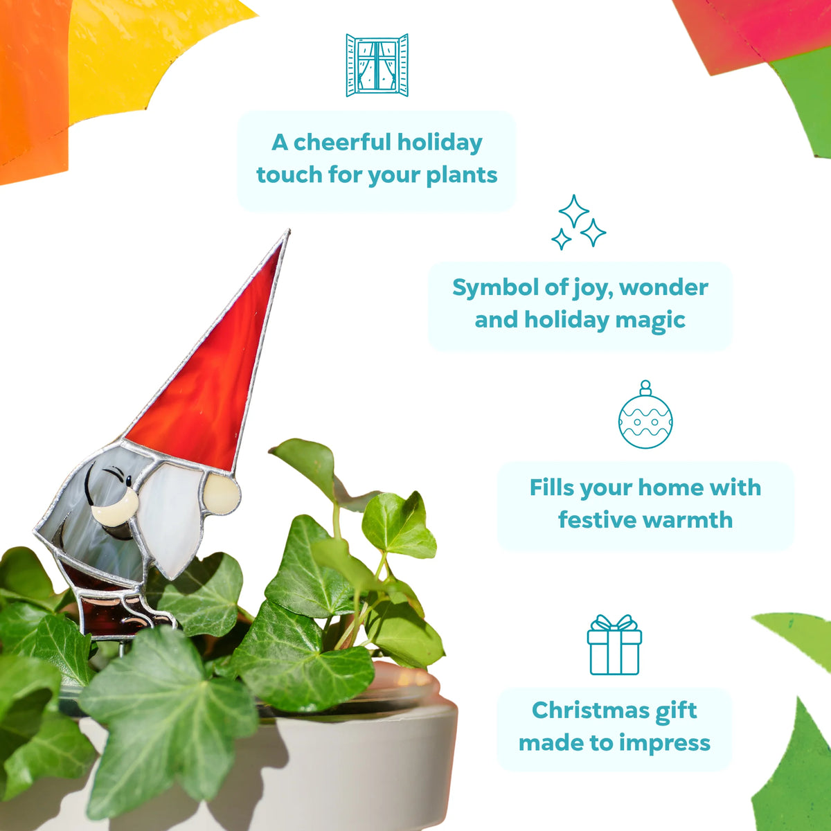 Christmas gnome stained glass plant stake in a pot of ivy - a cheerful holiday touch for your plants, a symbol of joy and holiday magic and a Christmas gift made to impress