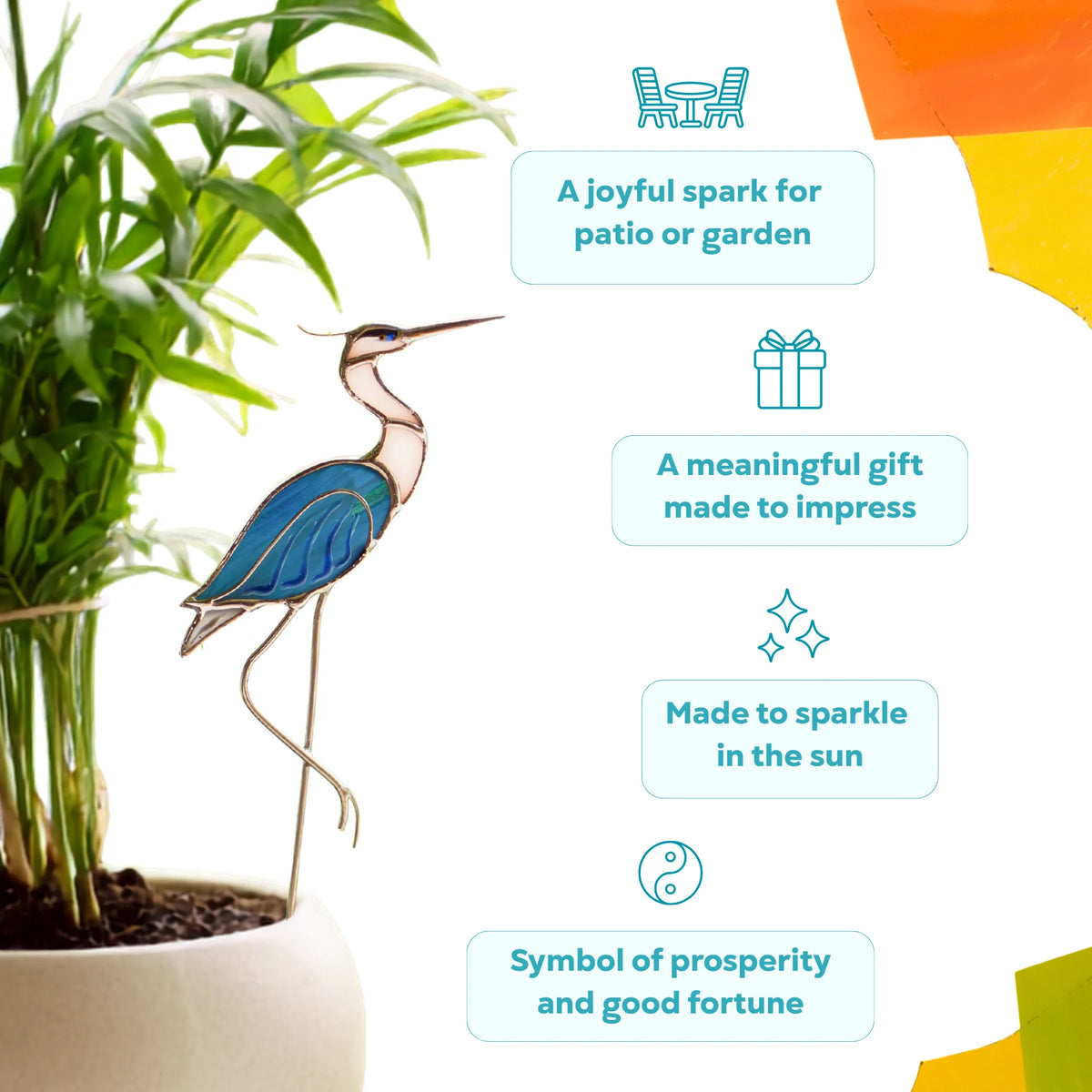 Infographic for stained glass heron plant stakes highlighting them as a joyful spark for patio or garden, a meaningful gift made to impress, made to sparkle in the sun, and a symbol of prosperity and good fortune