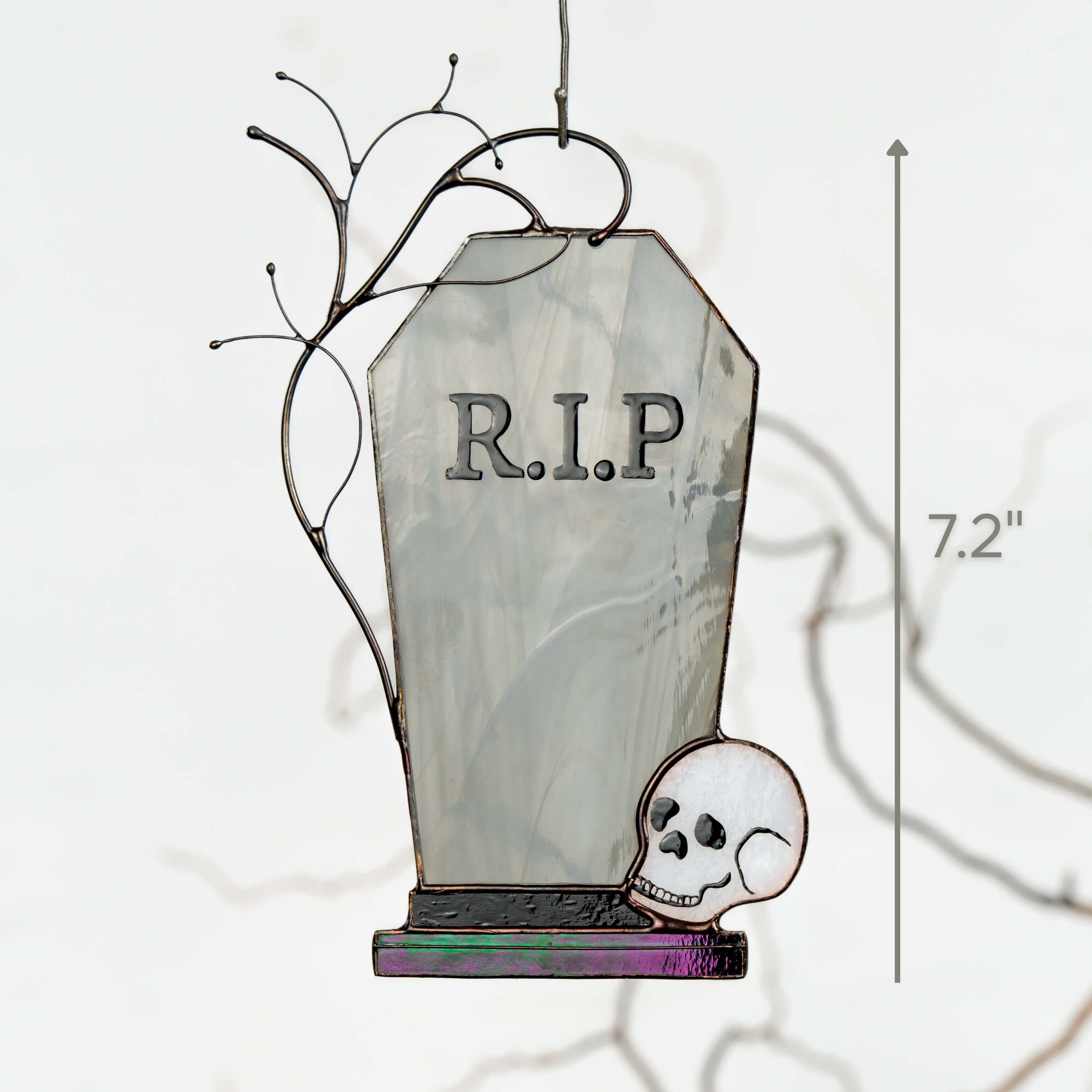 RIP tombstone suncatcher with size marked at 7.2 inches and minimal white background.