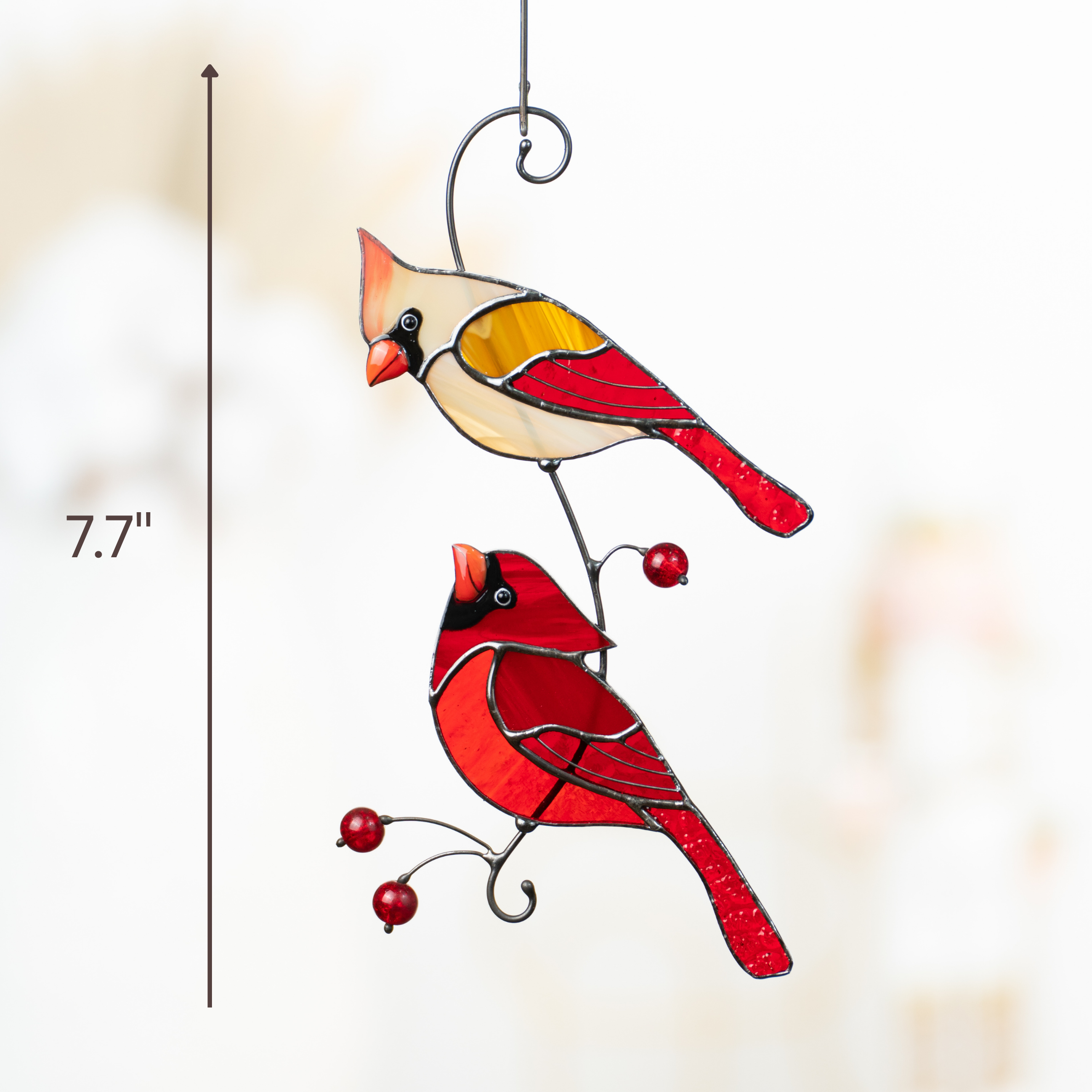 Red and beige stained glass cardinals hanging on a wire hook, 7.7 inch tall, perfect for window display