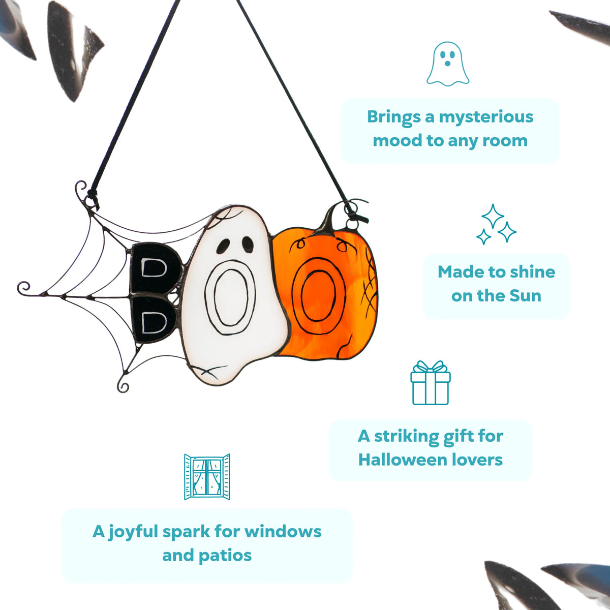 BOO ghost and pumpkin stained glass suncatcher that brings a mysterious mood to any room, shines in the sun and makes a striking Halloween gift for windows and patios