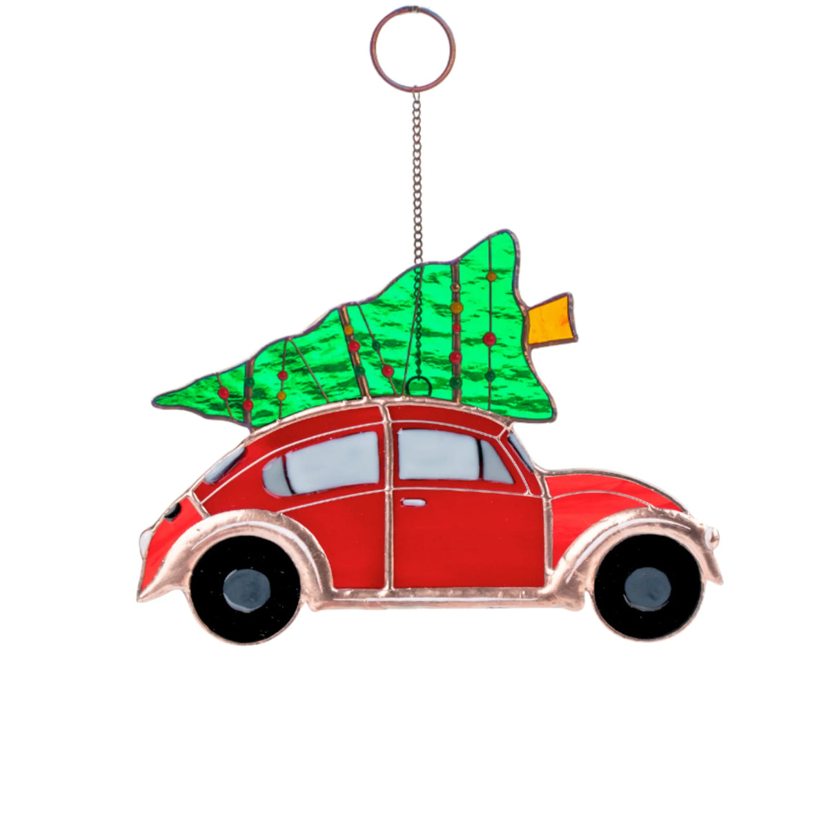 STained glass Christmas suncatcher featuring red car with Christmas tree