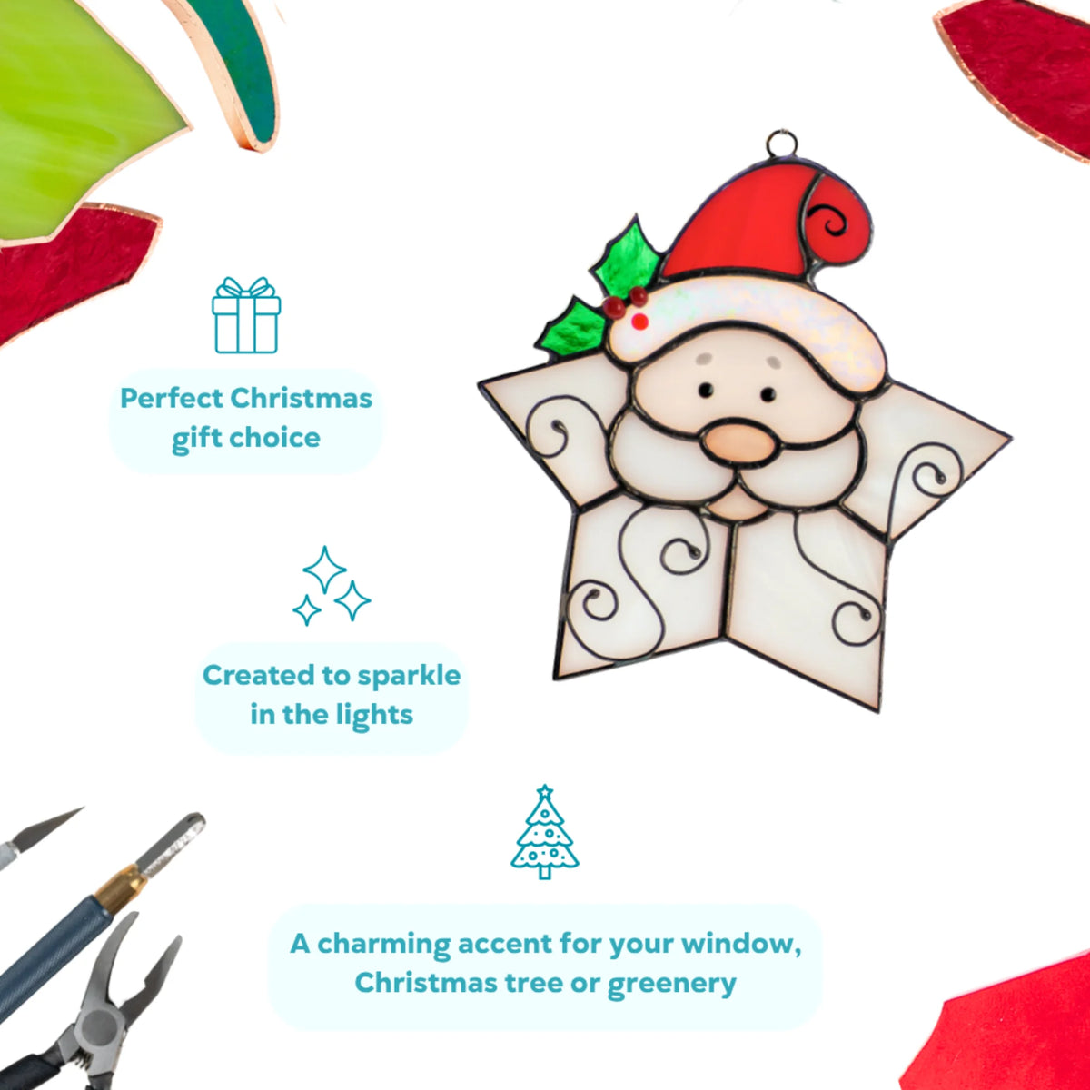 Snowflake Santa Christmas stained glass suncatcher created to sparkle in the lights - a charming accent for your window, Christmas tree or greenery and a perfect Christmas gift choice