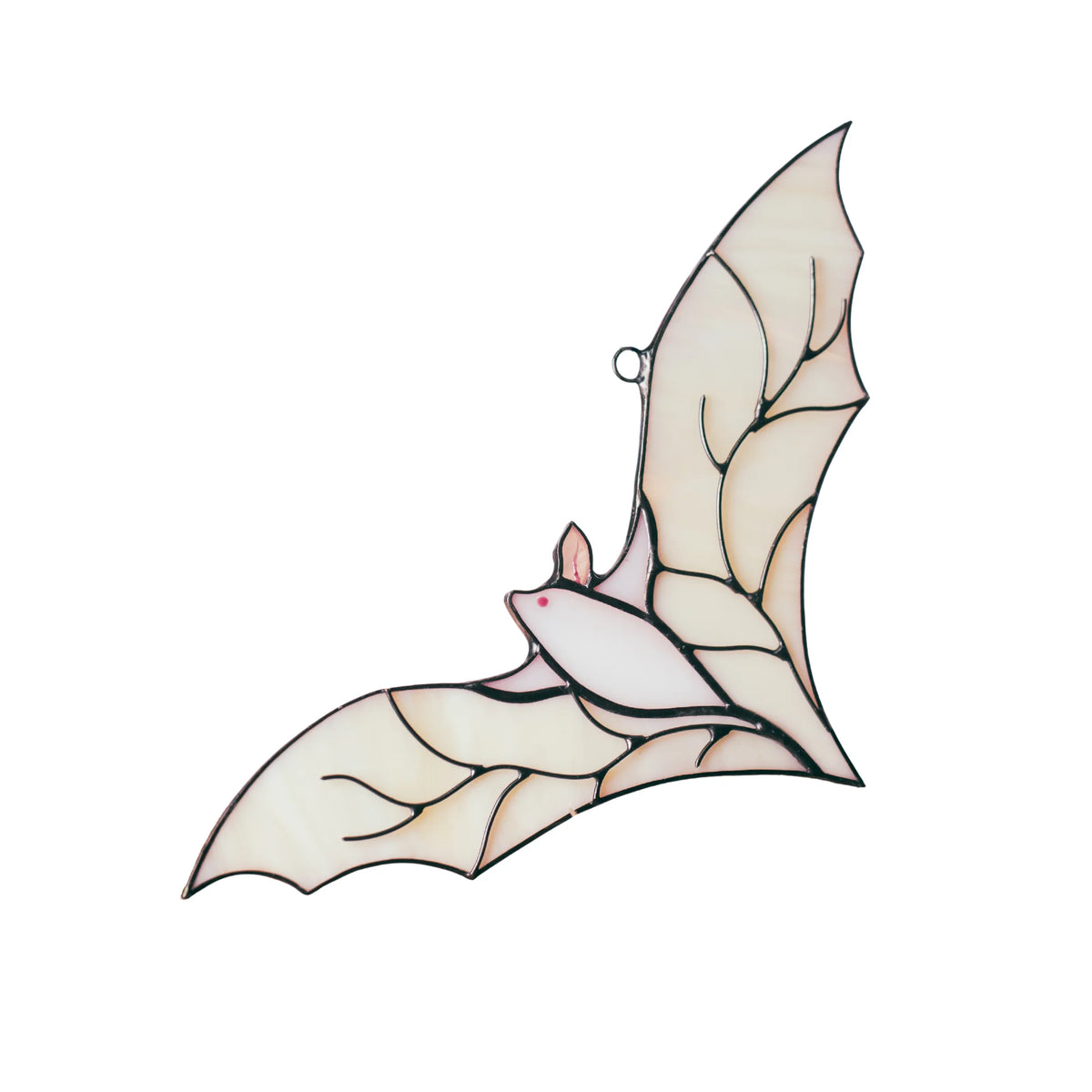 White stained glass bat suncatcher with a pink belly and branch-vein wings, hanging loop visible, shown isolated on a plain white background.