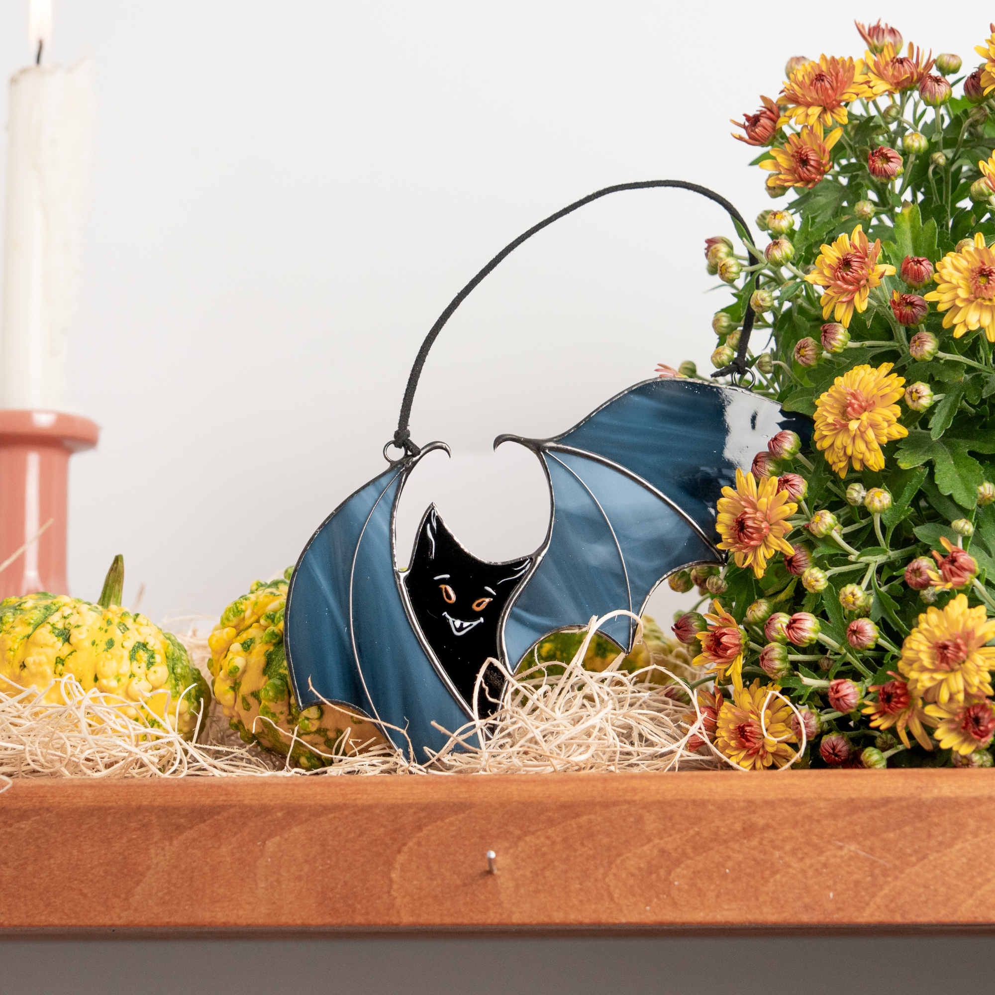 Dark Blue Creepy Bat - Stained Glass Suncatcher