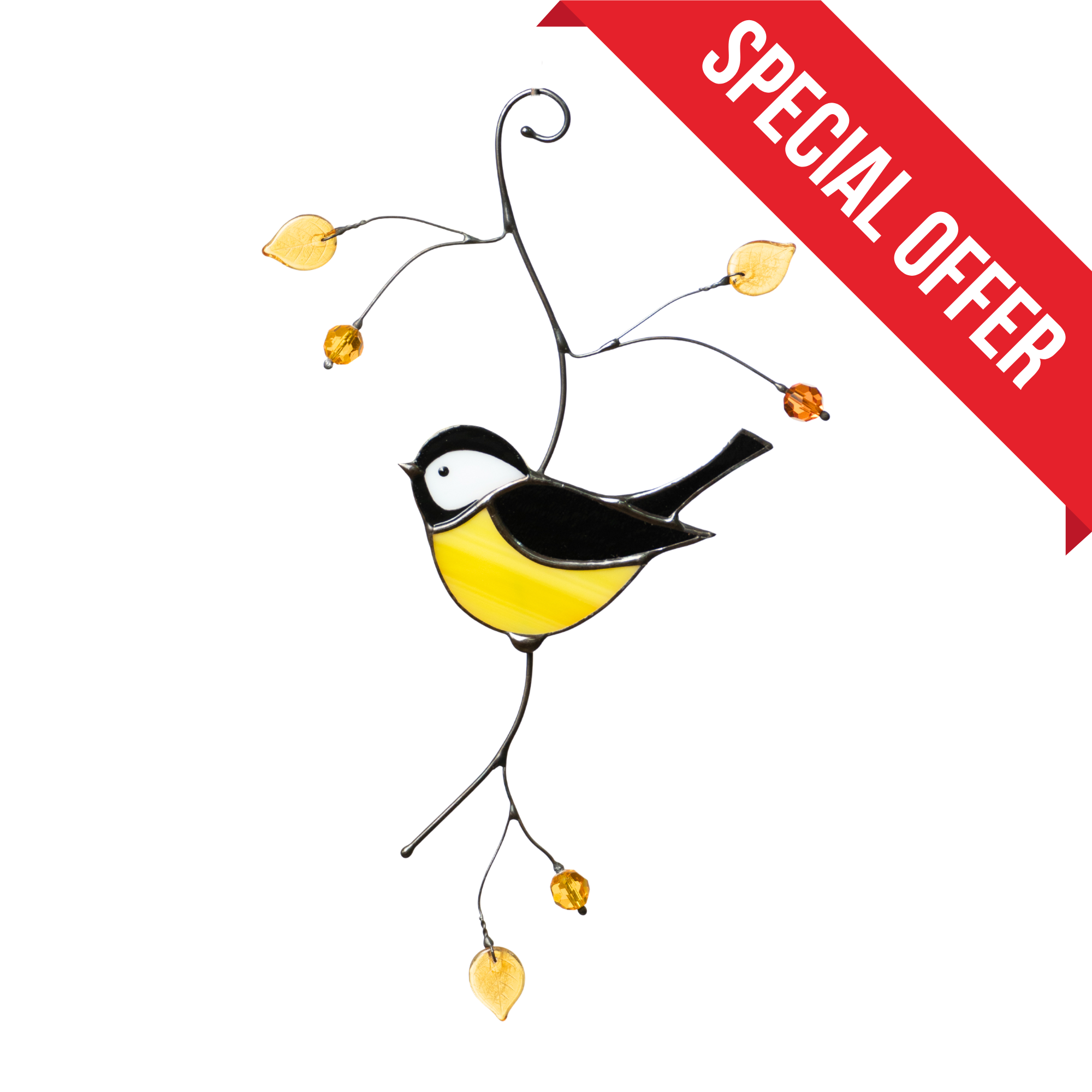 Black Chickadee on a Branch - Stained Glass Suncatcher