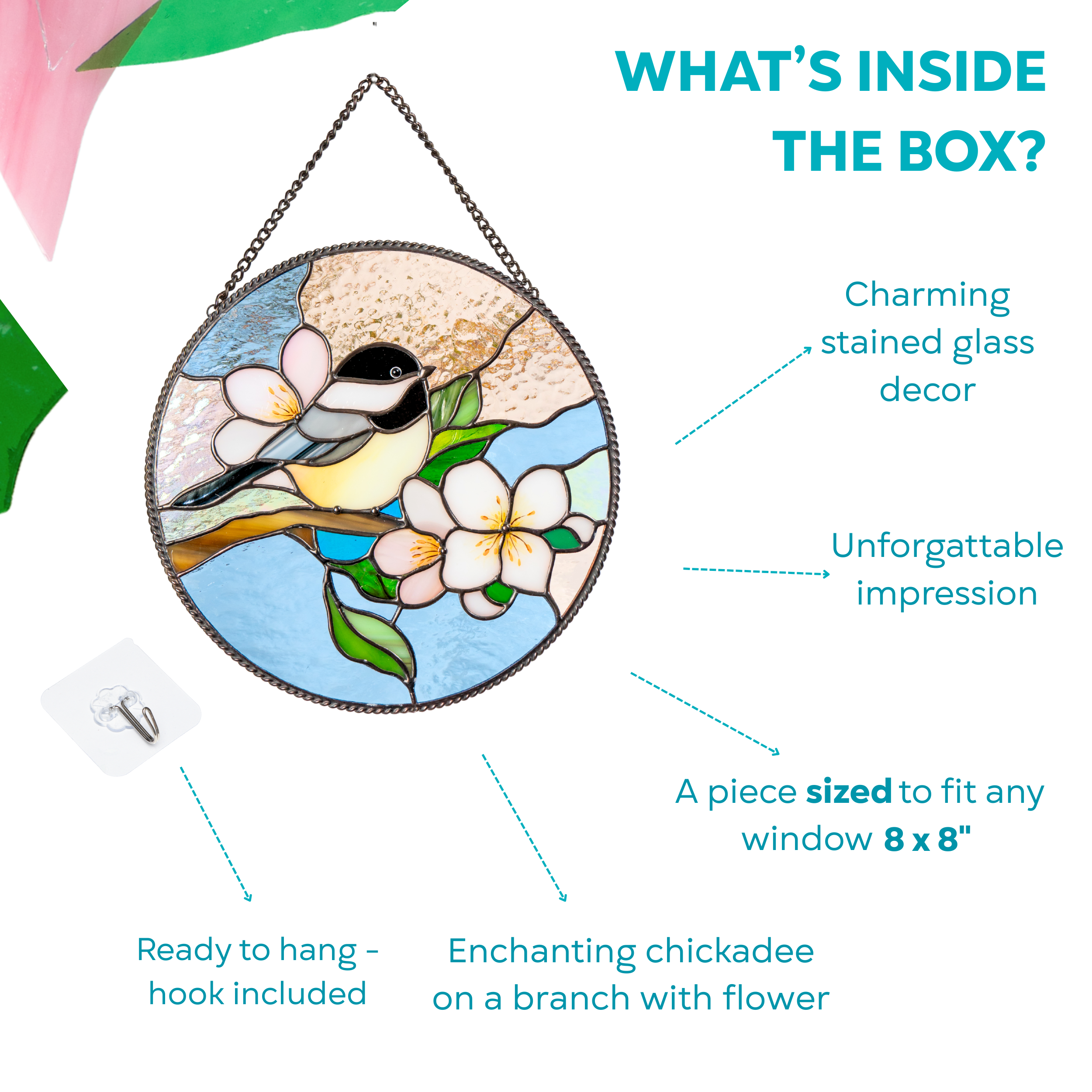 Infographic with text showing the contents of the box: hook, gift-ready chickadee panel with floral motif