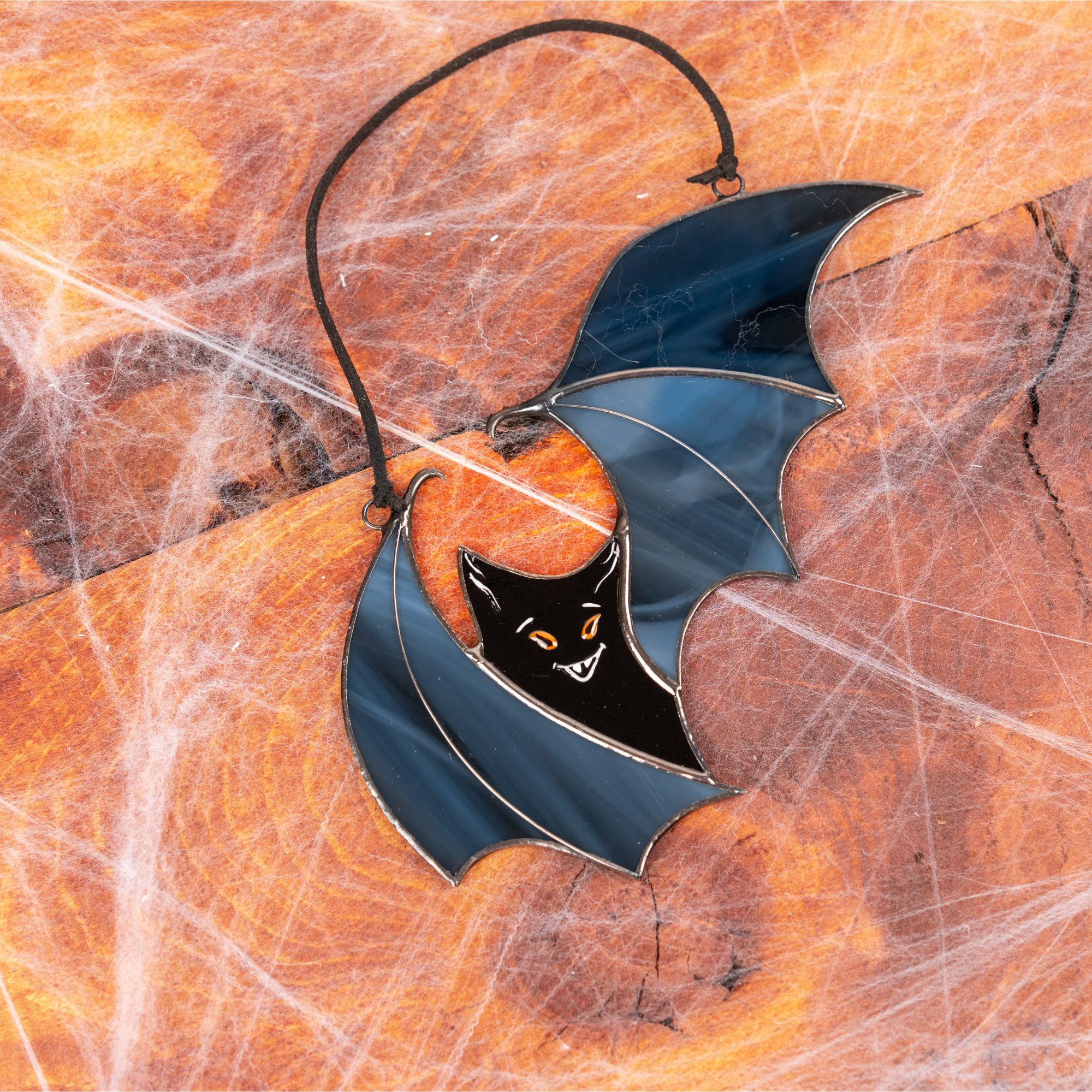 Dark Blue Creepy Bat - Stained Glass Suncatcher