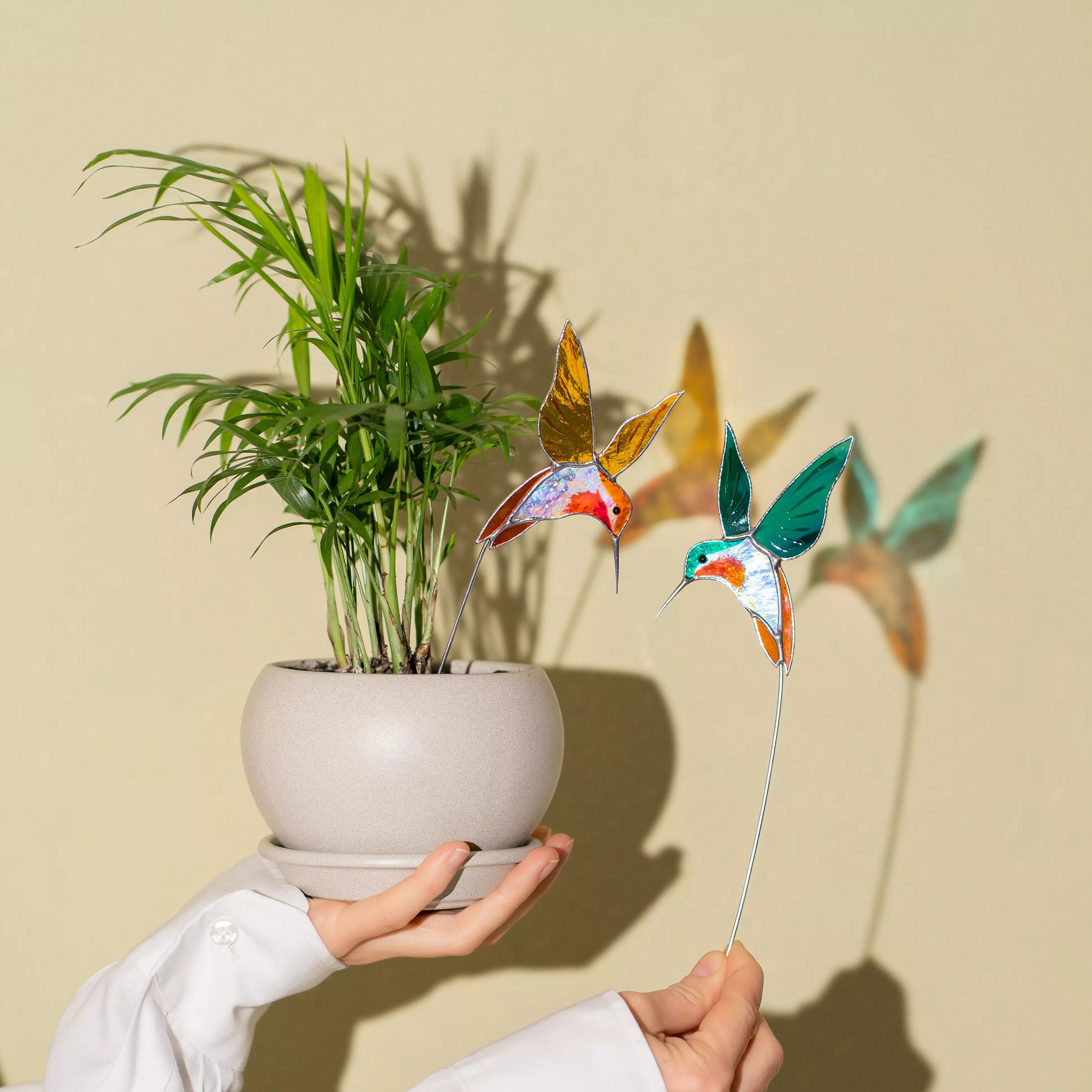 Pair of Yellow and Blue Hummingbirds - Stained Glass Plant Stakes