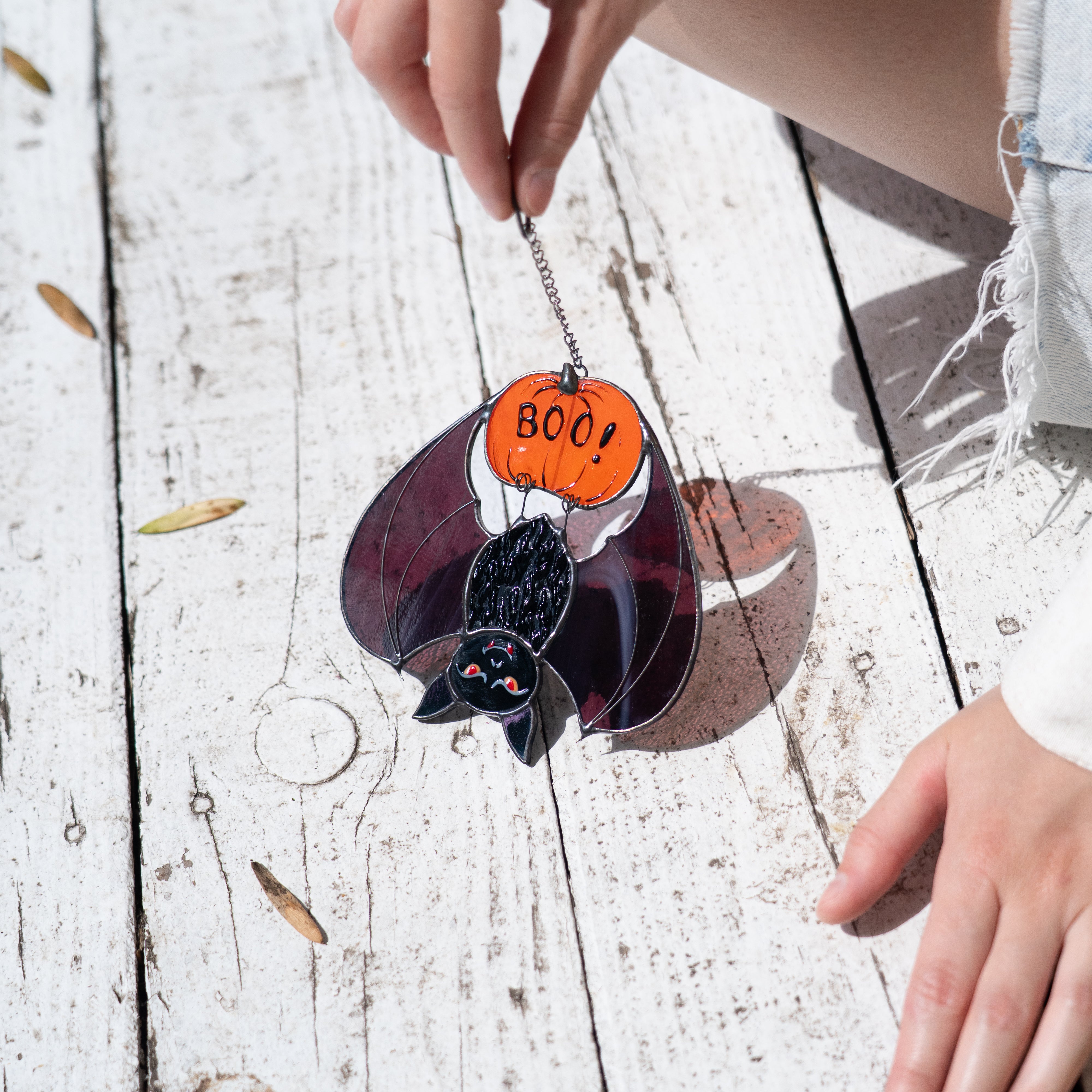 Boo Bat Hanging on a Pumpkin - Stained Glass Suncatcher
