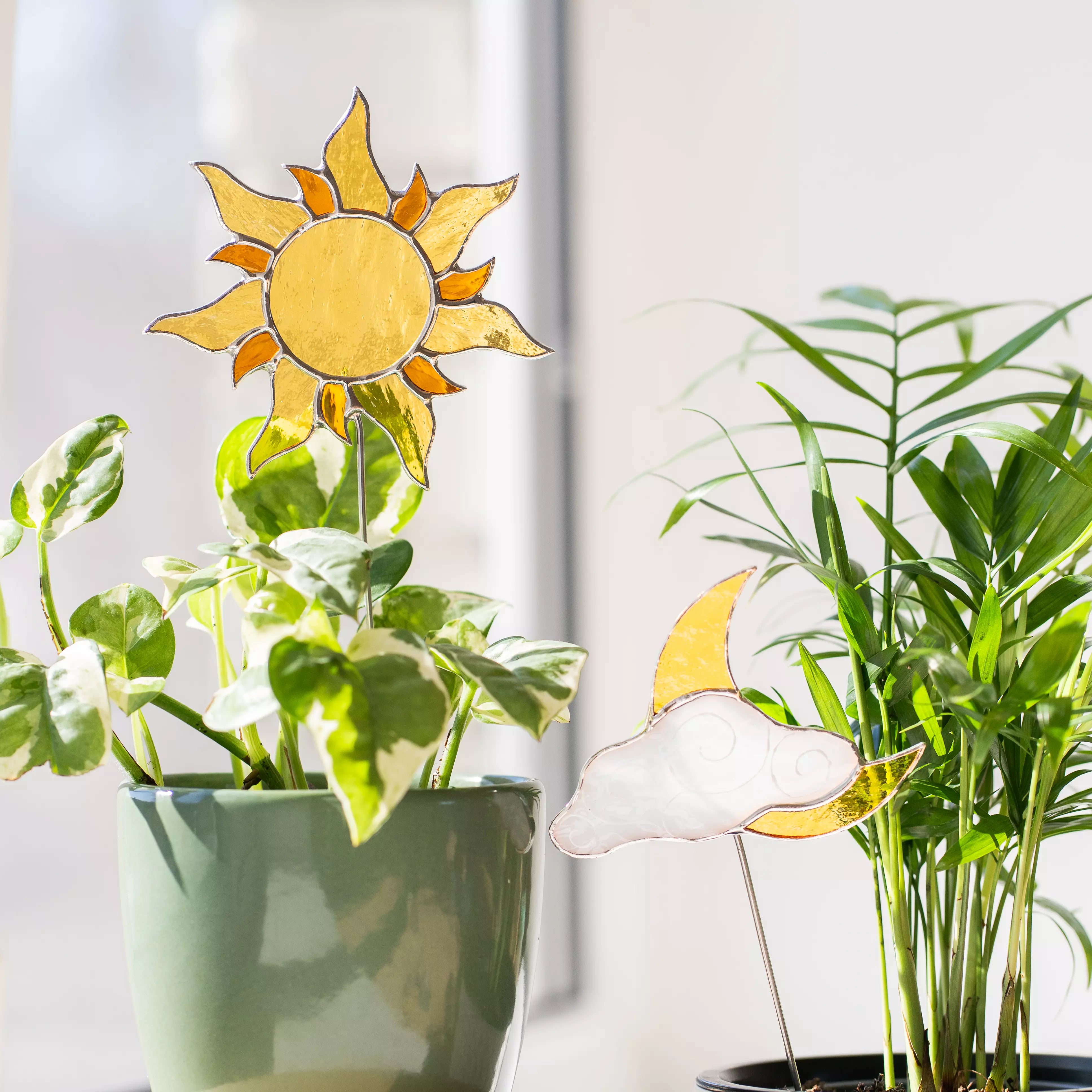 Orange Sun and Moon with White Cloude - Stained Glass Plant Stakes