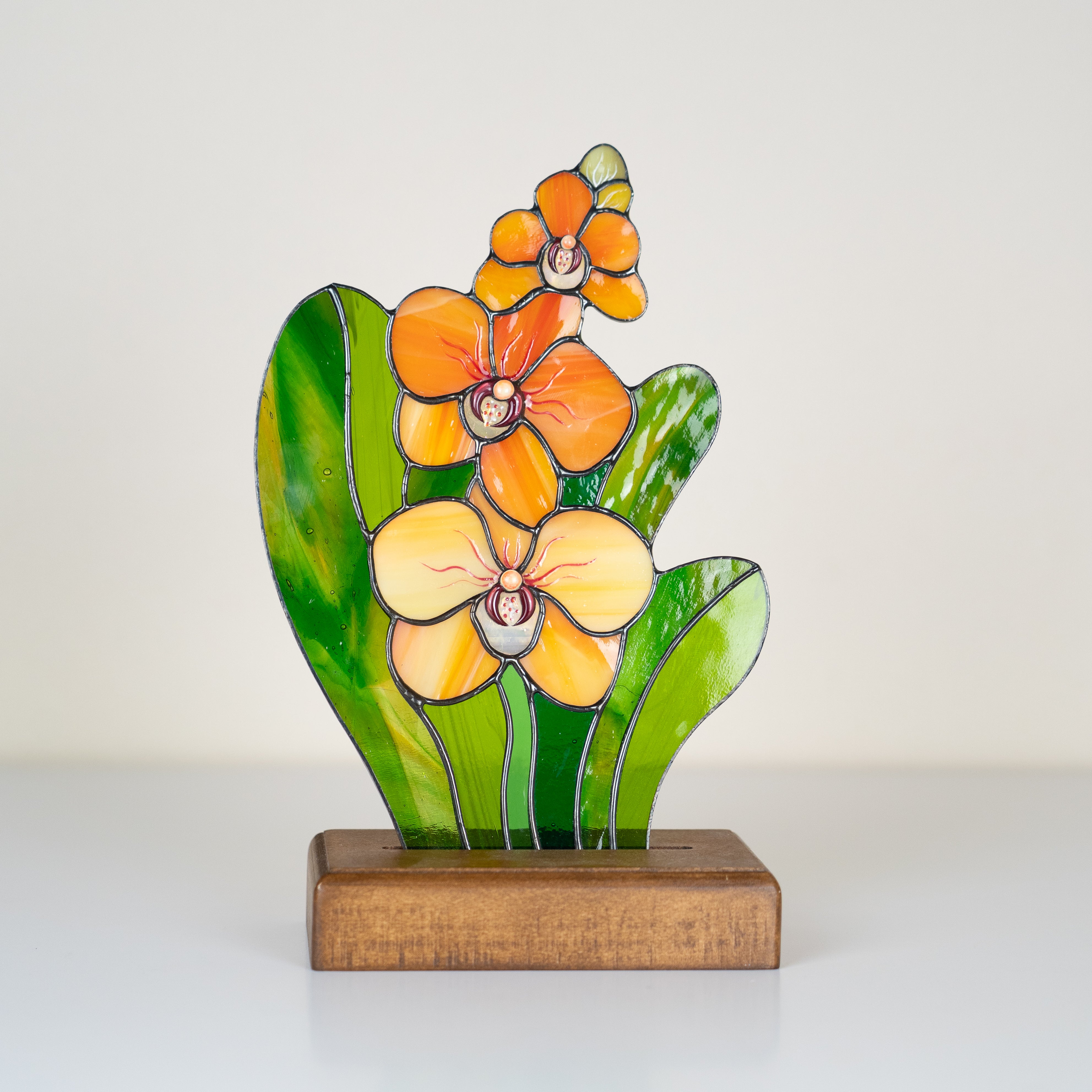 Orange Orchid on a Wooden Base - Stained Glass Panel