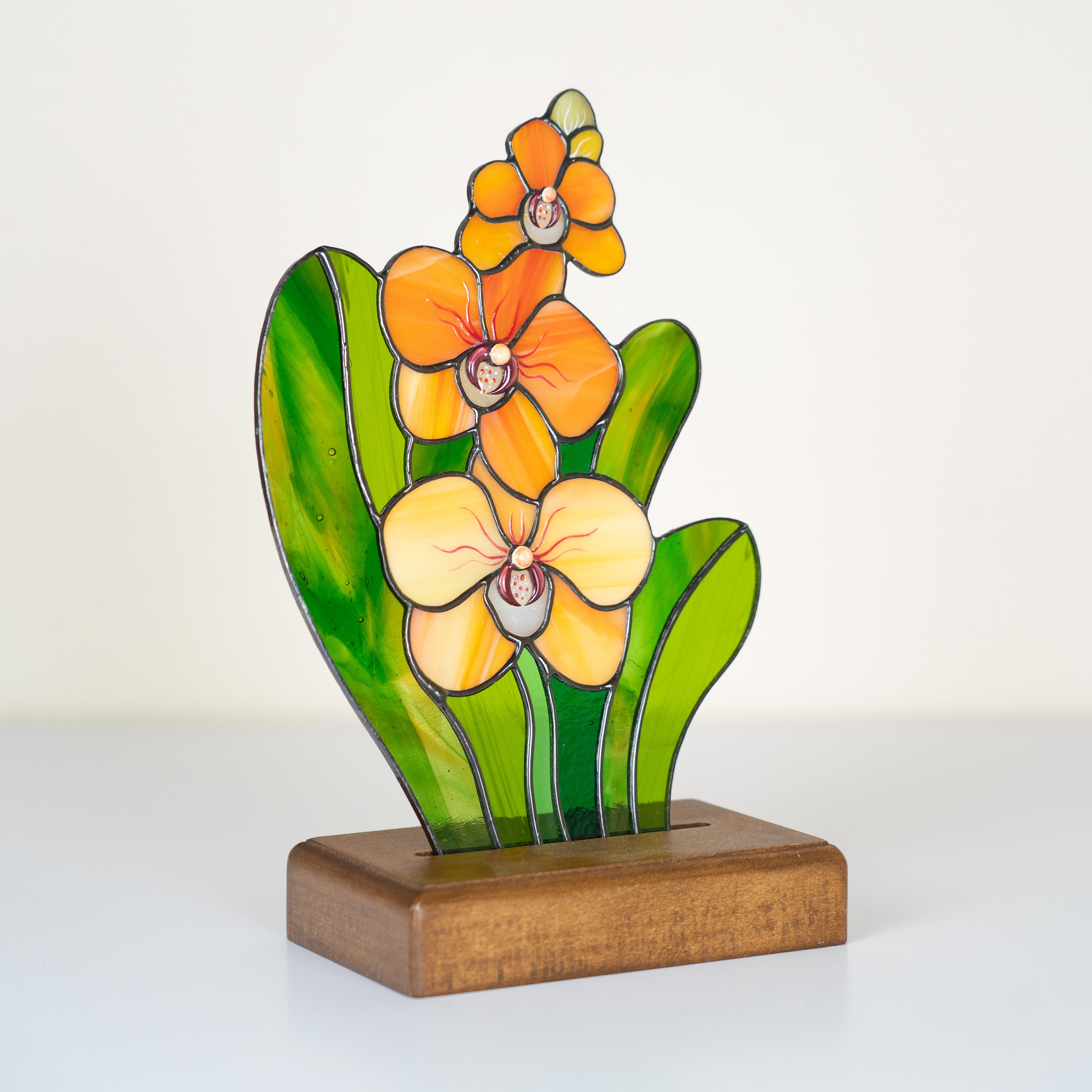 Orange Orchid on a Wooden Base - Stained Glass Panel
