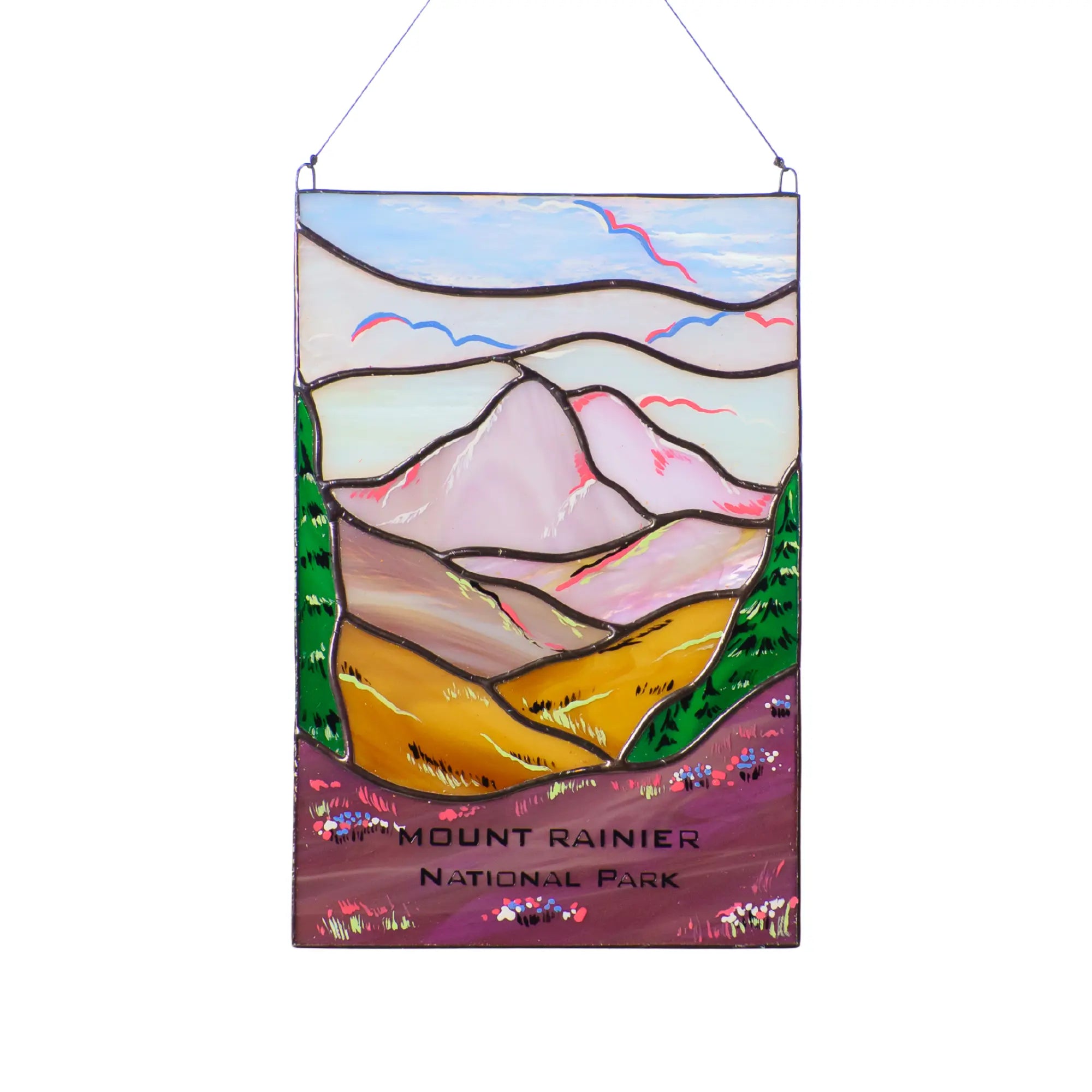 Stained glass panel of Mount Rainier with 'Mount Rainier National Park' text on a white background