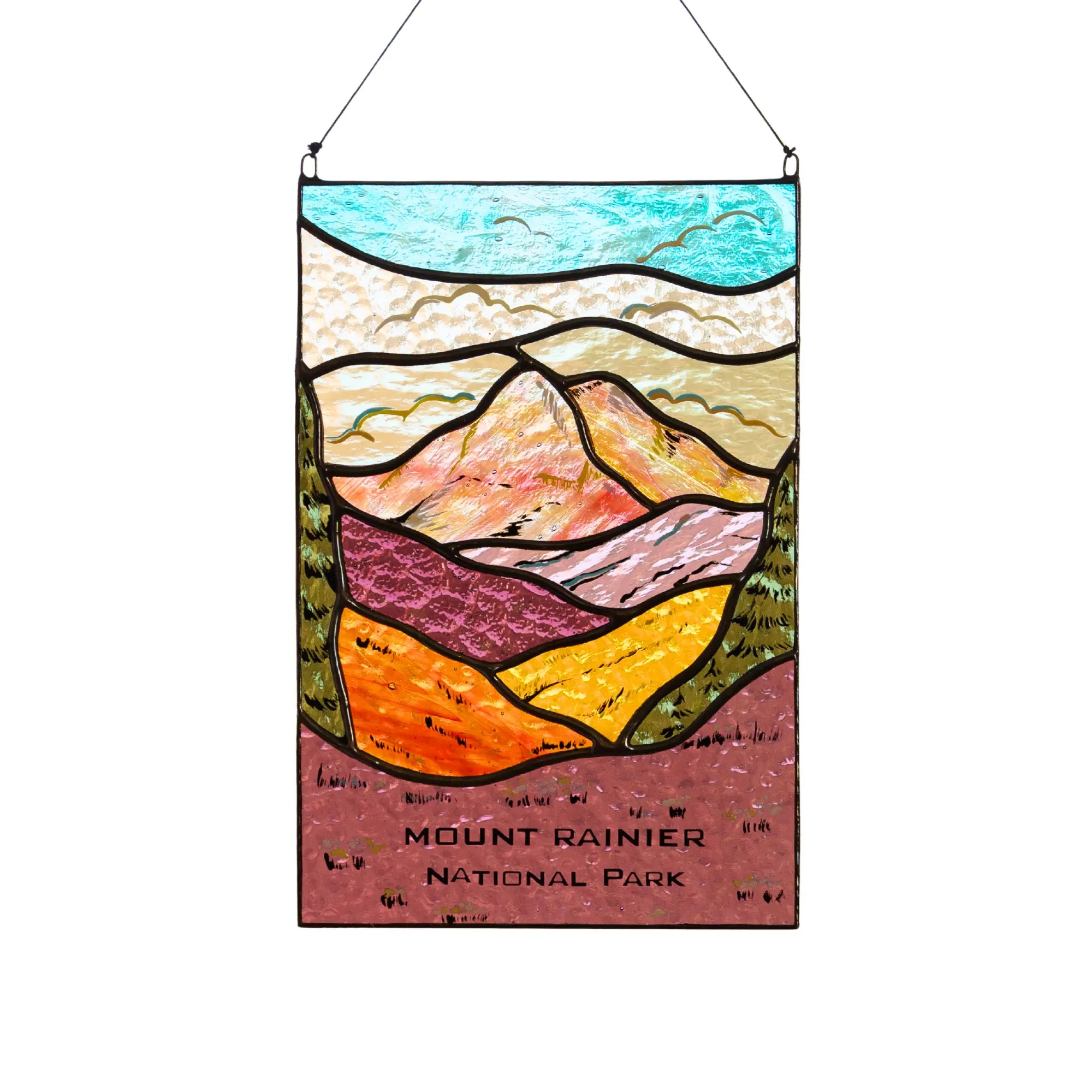 Stained glass panel of Mount Rainier National Park with colorful landscape